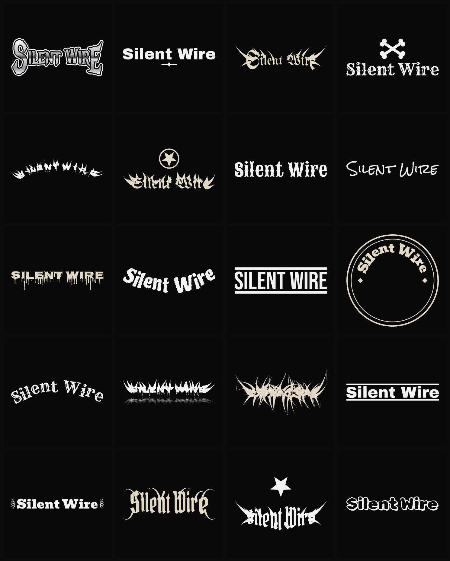 Twenty Silent Wire band logo ideas — different faces, treatments and spike settings