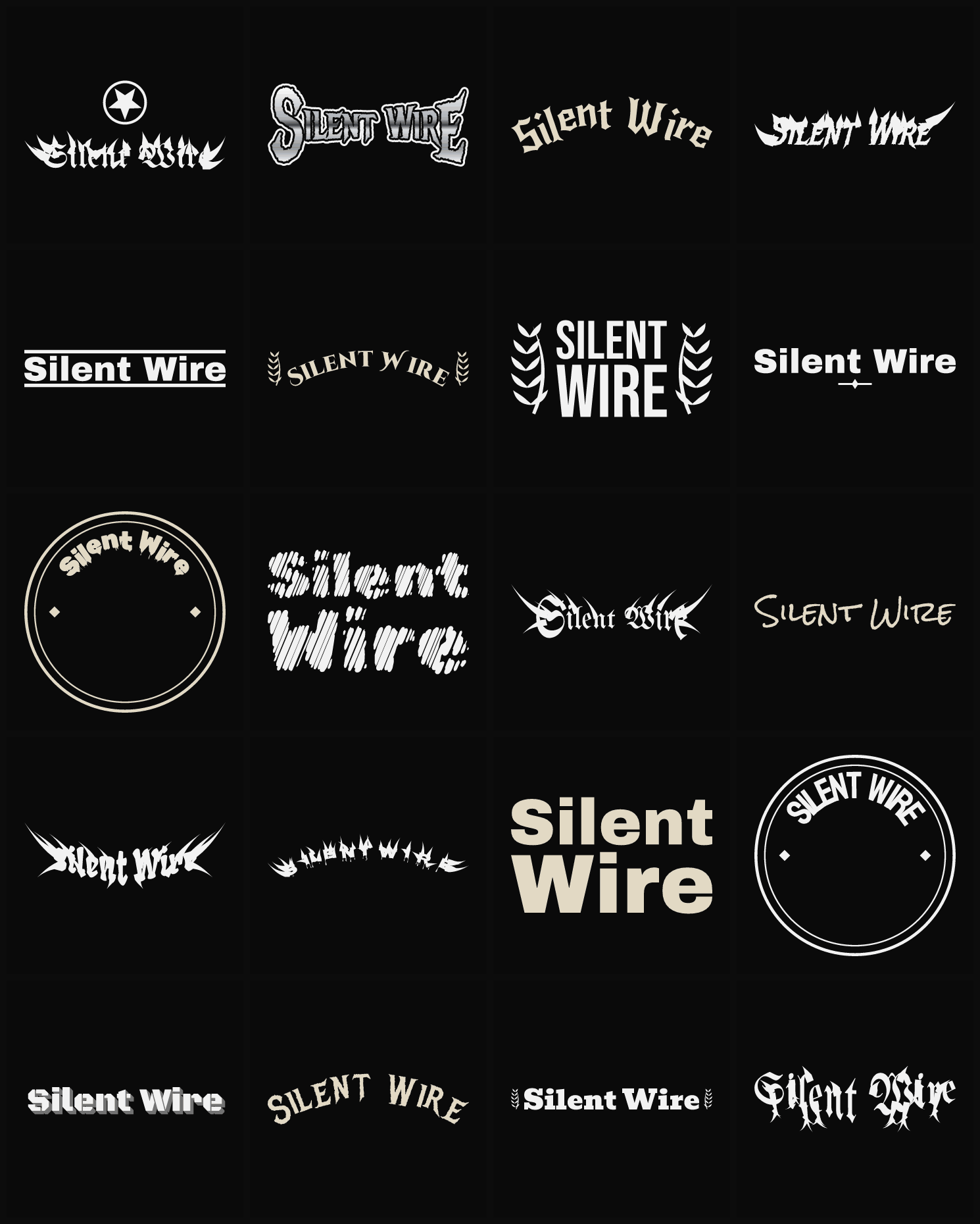 Twenty Silent Wire band logo ideas — different faces, treatments and spike settings