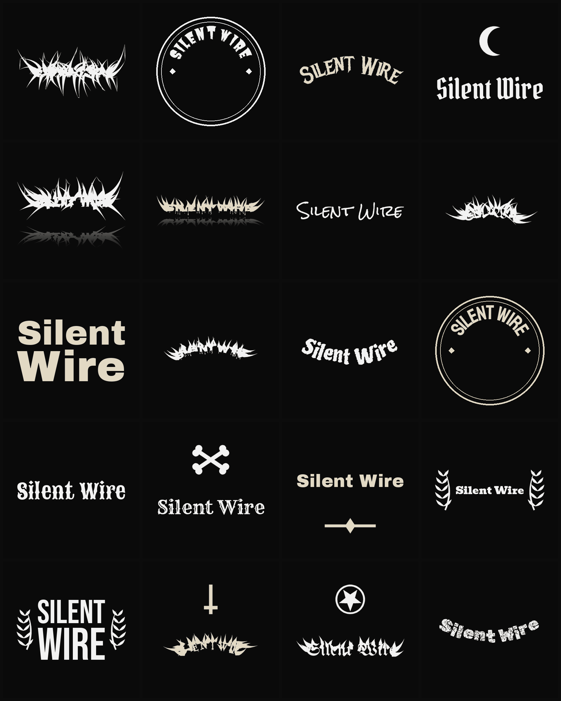 Twenty Silent Wire band logo ideas — different faces, treatments and spike settings