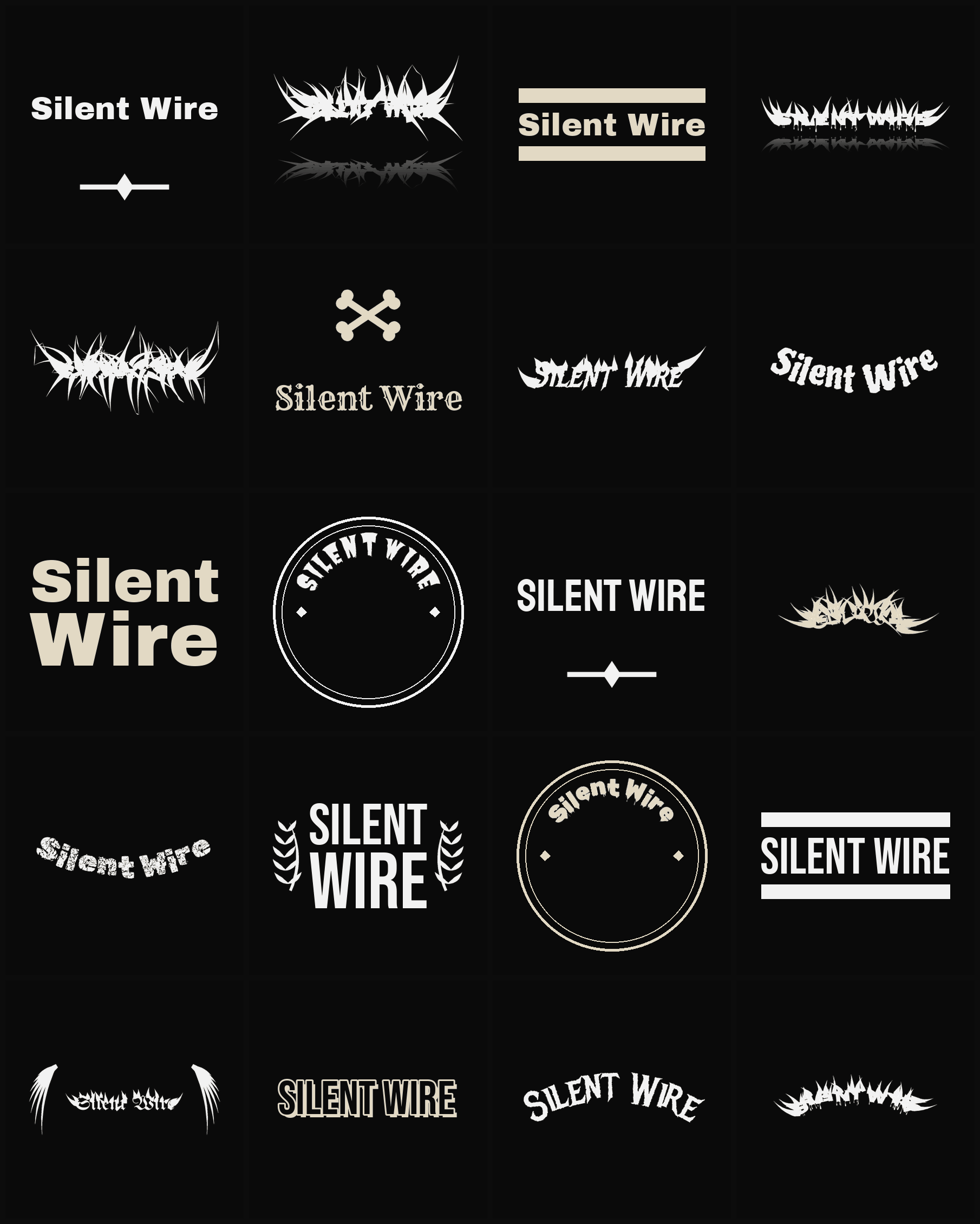 Twenty Silent Wire band logo ideas — different faces, treatments and spike settings