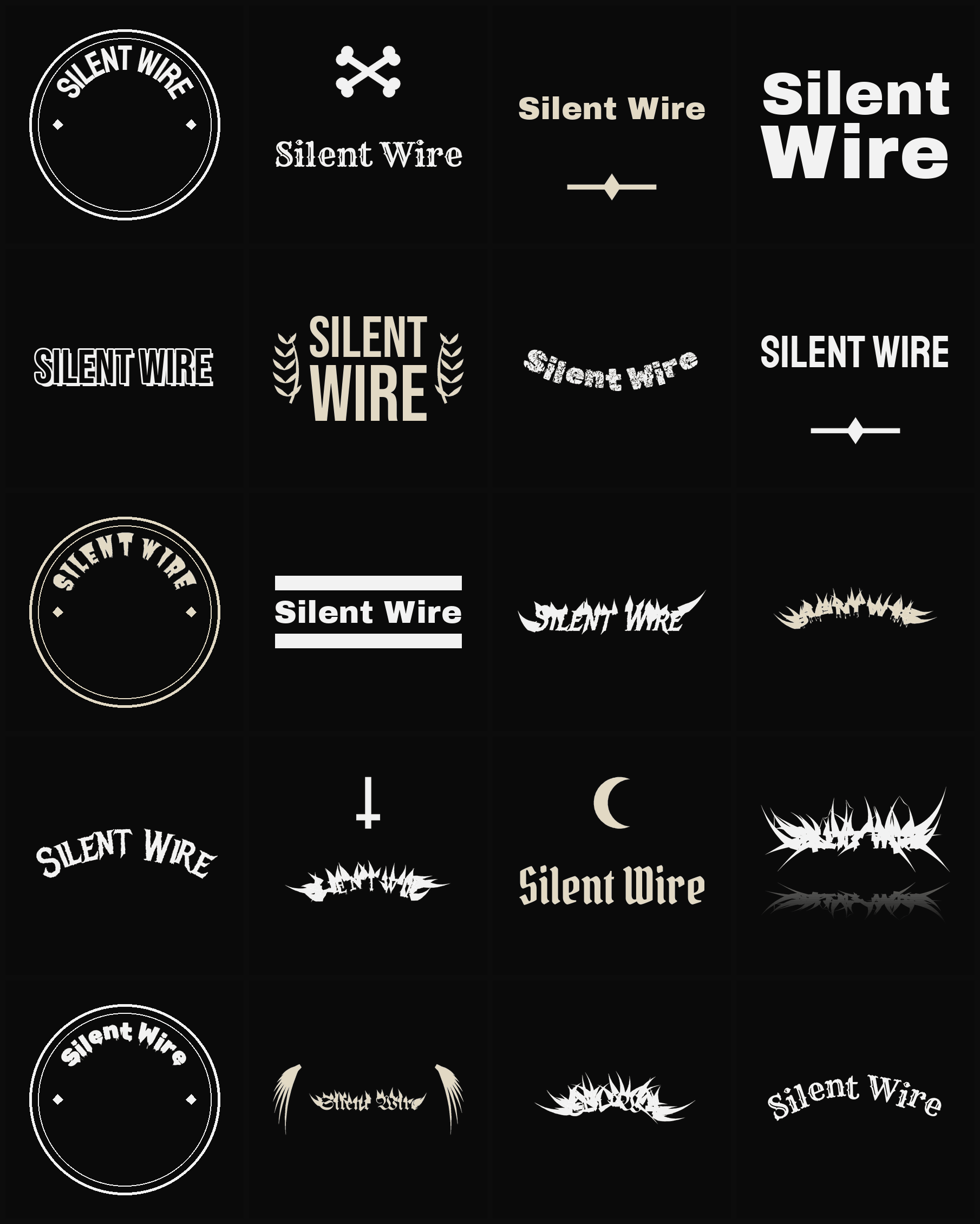 Twenty Silent Wire band logo ideas — different faces, treatments and spike settings