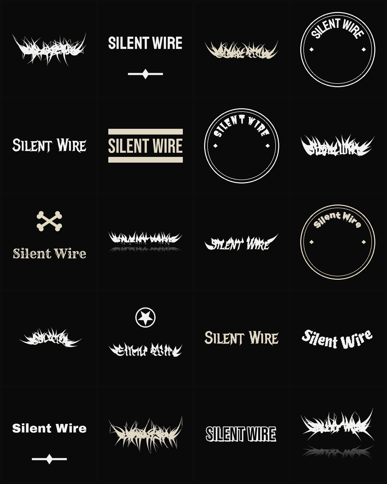 Twenty Silent Wire band logo ideas — different faces, treatments and spike settings