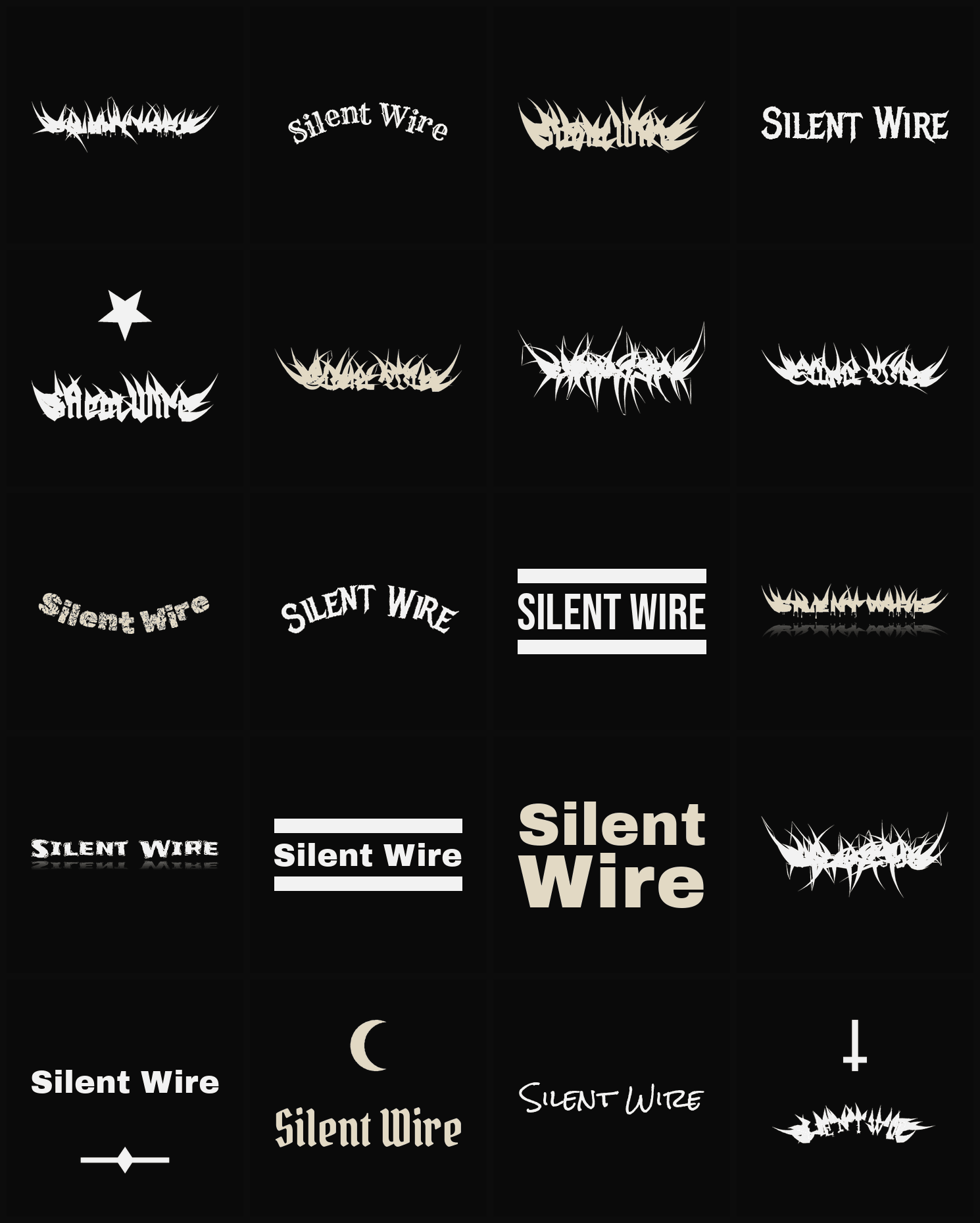 Twenty Silent Wire band logo ideas — different faces, treatments and spike settings