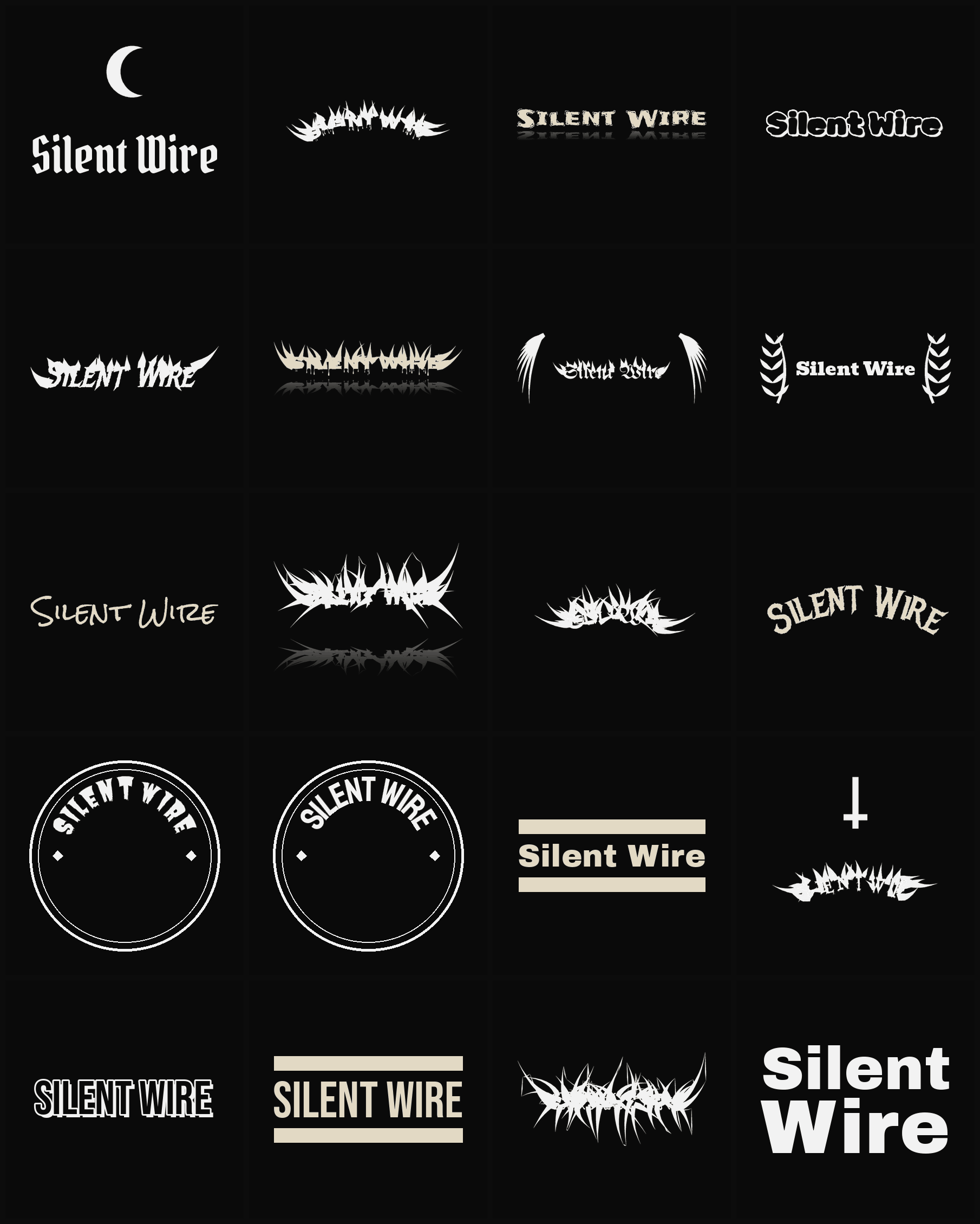 Twenty Silent Wire band logo ideas — different faces, treatments and spike settings