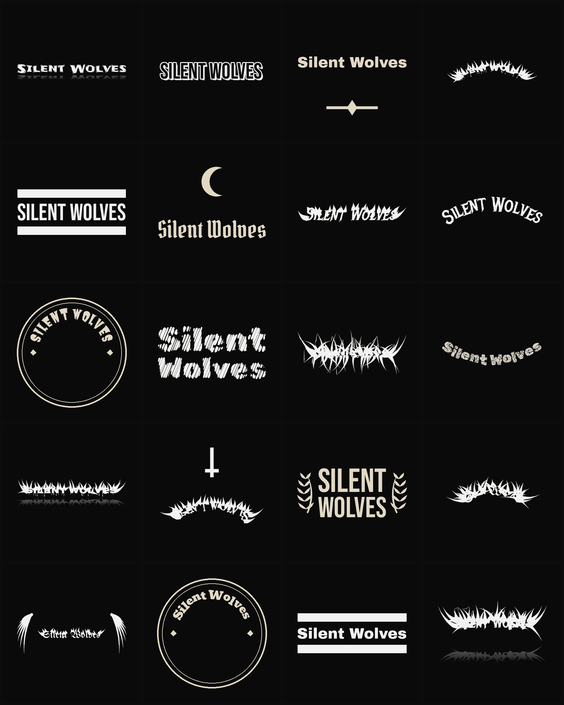 Twenty Silent Wolves band logo ideas — different faces, treatments and spike settings