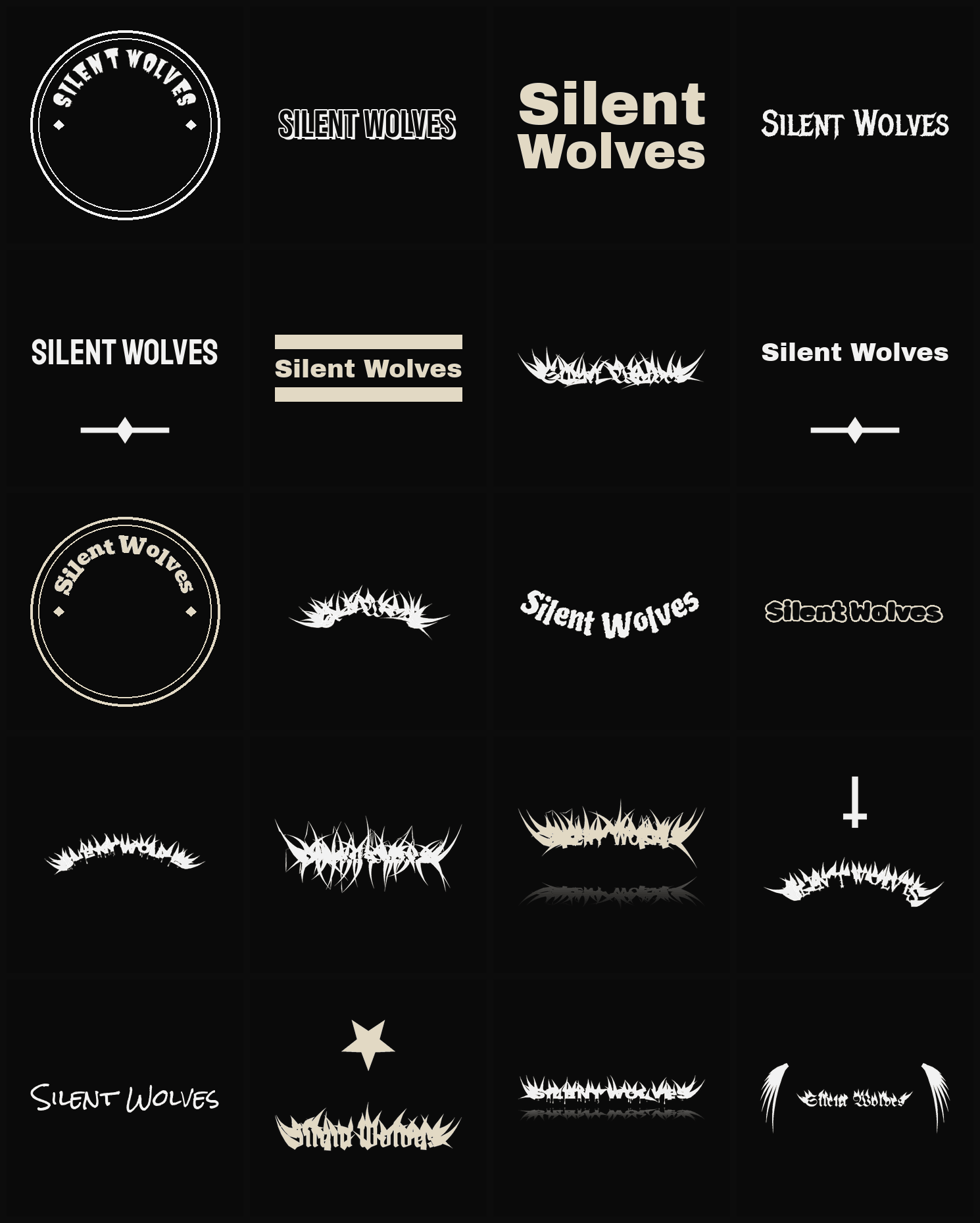 Twenty Silent Wolves band logo ideas — different faces, treatments and spike settings