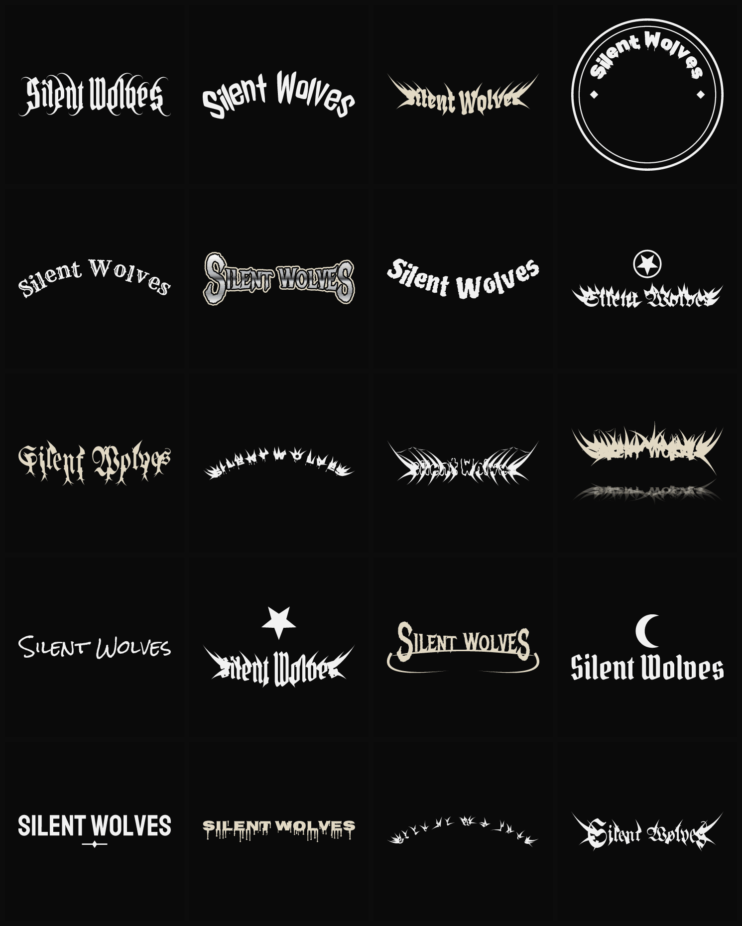 Twenty Silent Wolves band logo ideas — different faces, treatments and spike settings
