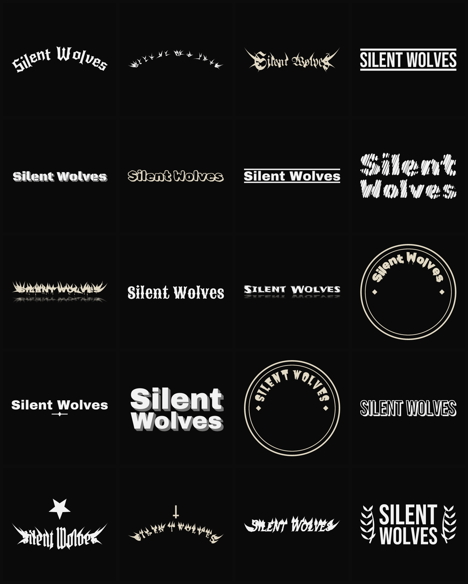 Twenty Silent Wolves band logo ideas — different faces, treatments and spike settings