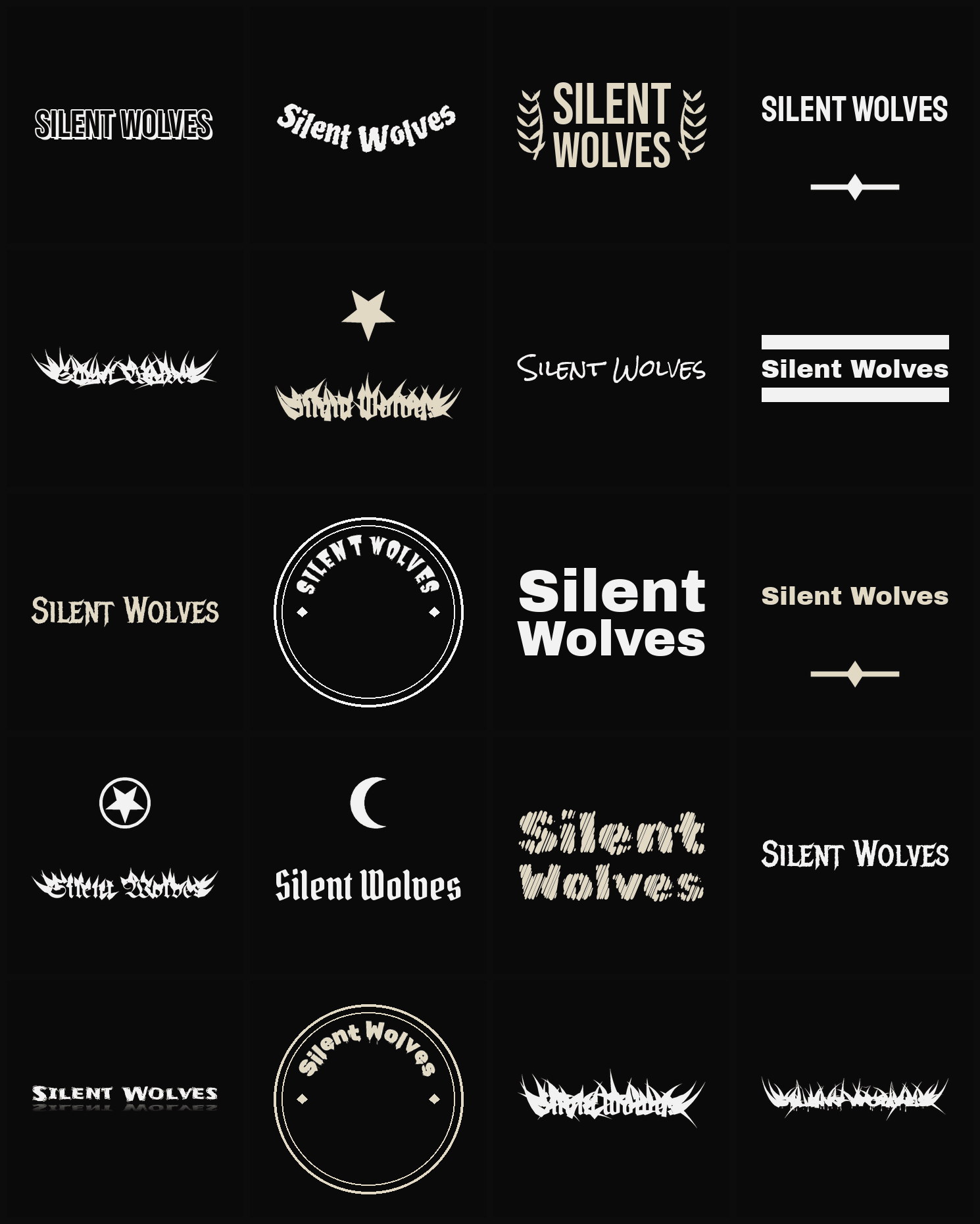 Twenty Silent Wolves band logo ideas — different faces, treatments and spike settings