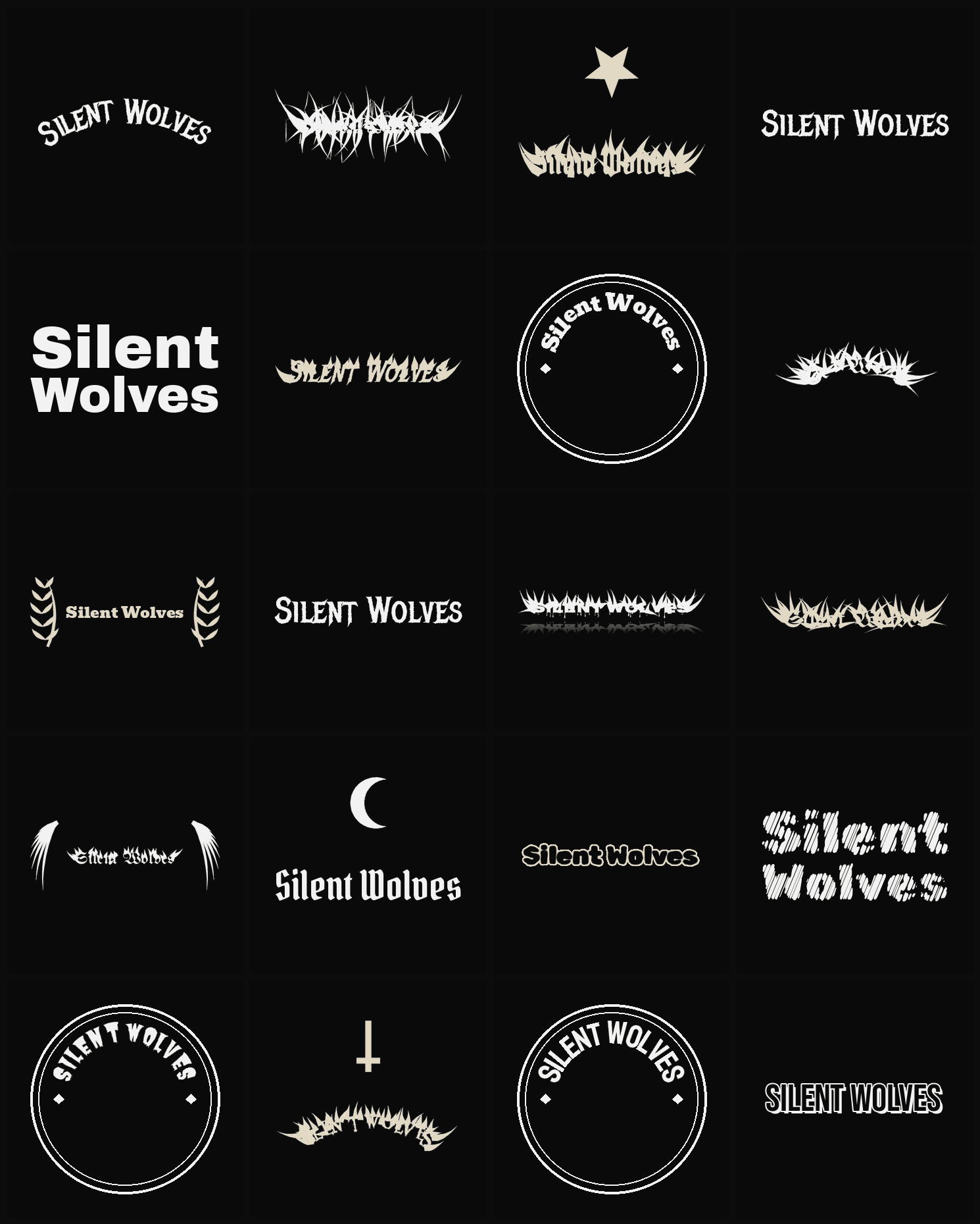 Twenty Silent Wolves band logo ideas — different faces, treatments and spike settings