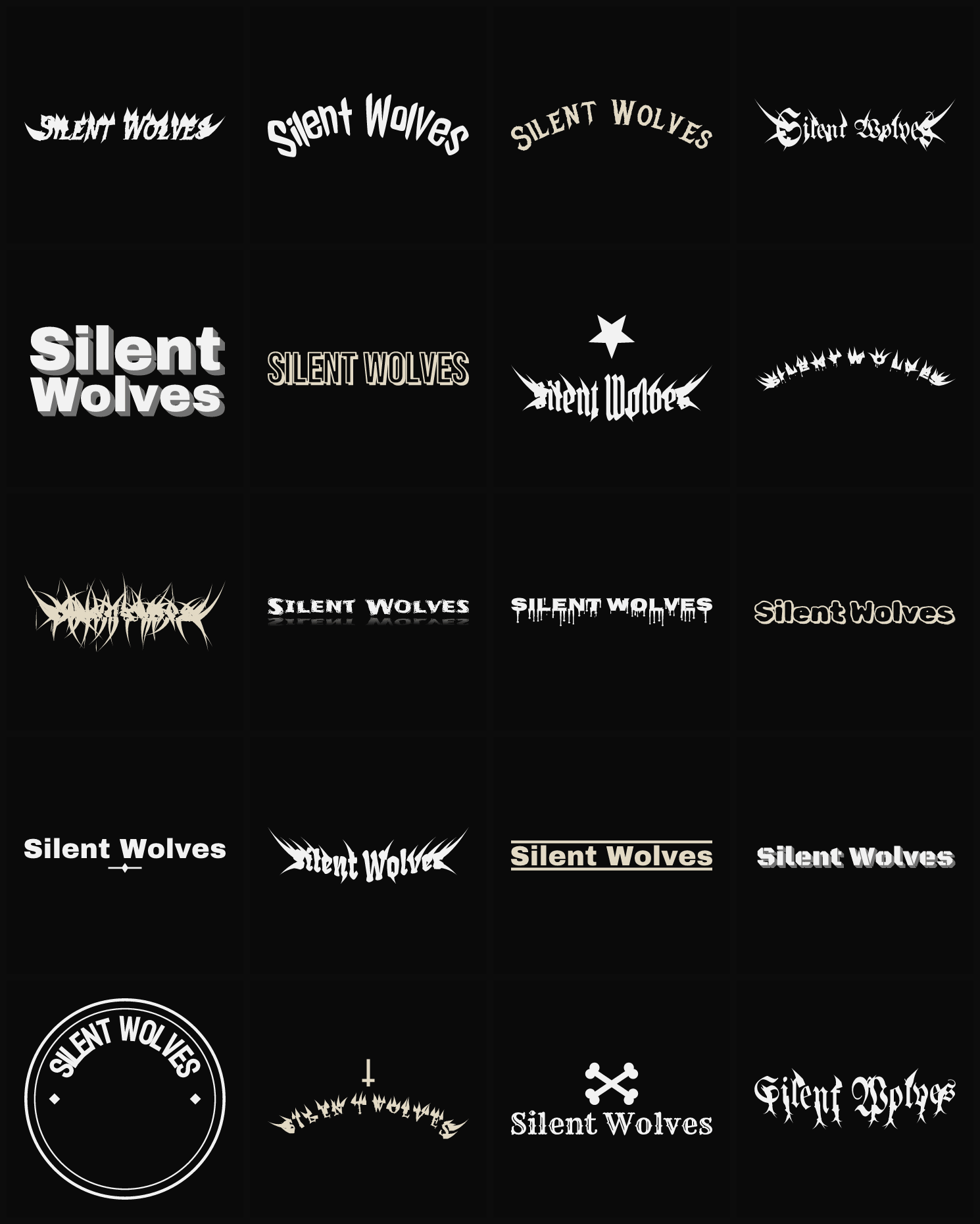 Twenty Silent Wolves band logo ideas — different faces, treatments and spike settings