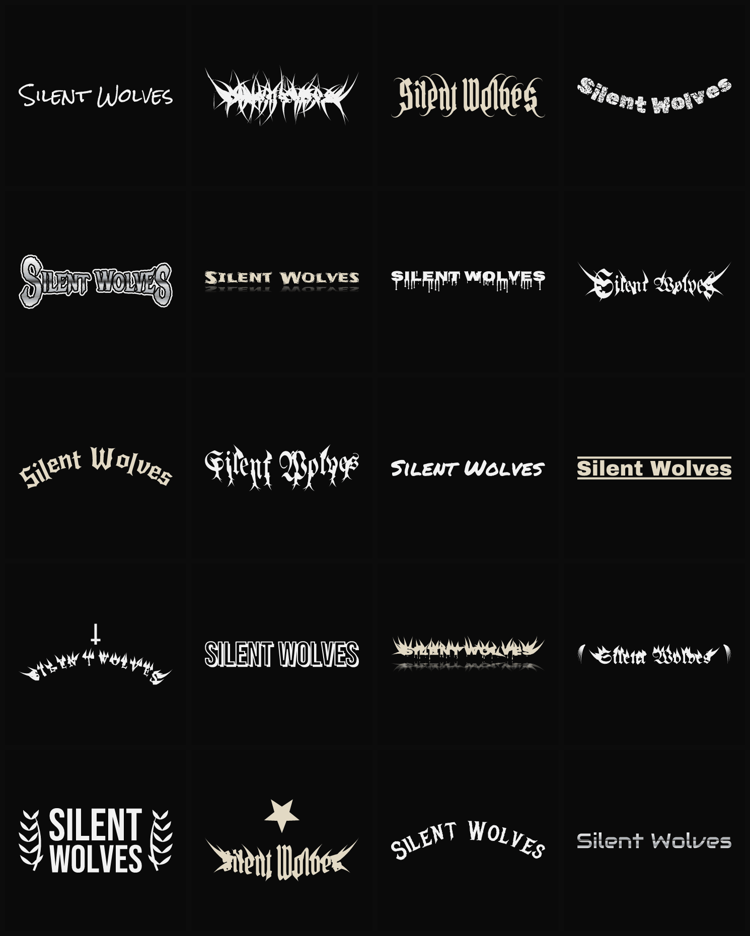 Twenty Silent Wolves band logo ideas — different faces, treatments and spike settings