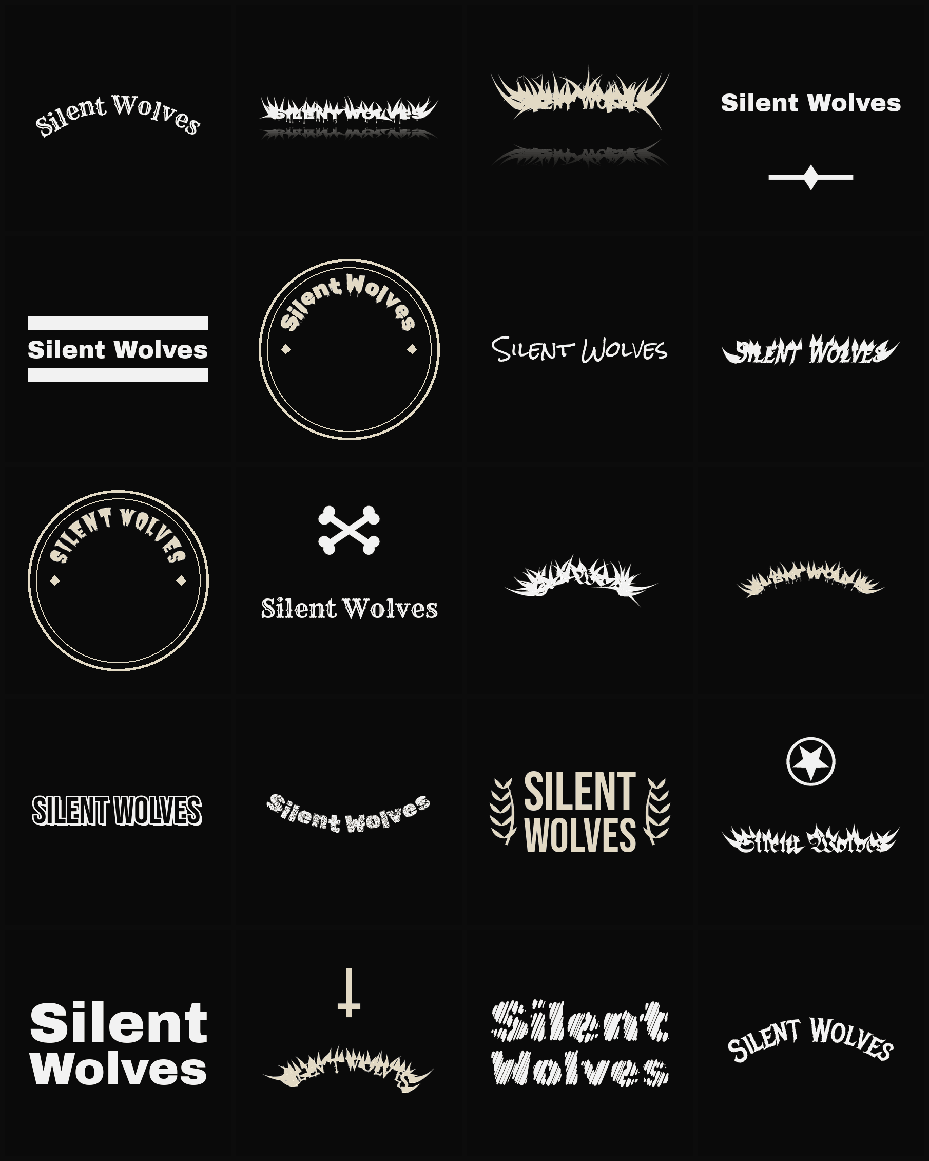 Twenty Silent Wolves band logo ideas — different faces, treatments and spike settings