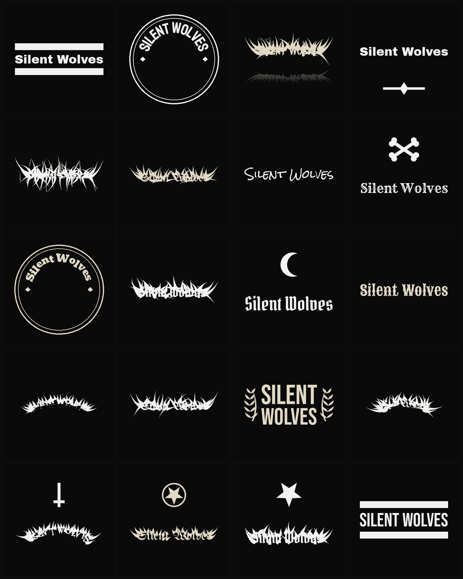 Twenty Silent Wolves band logo ideas — different faces, treatments and spike settings