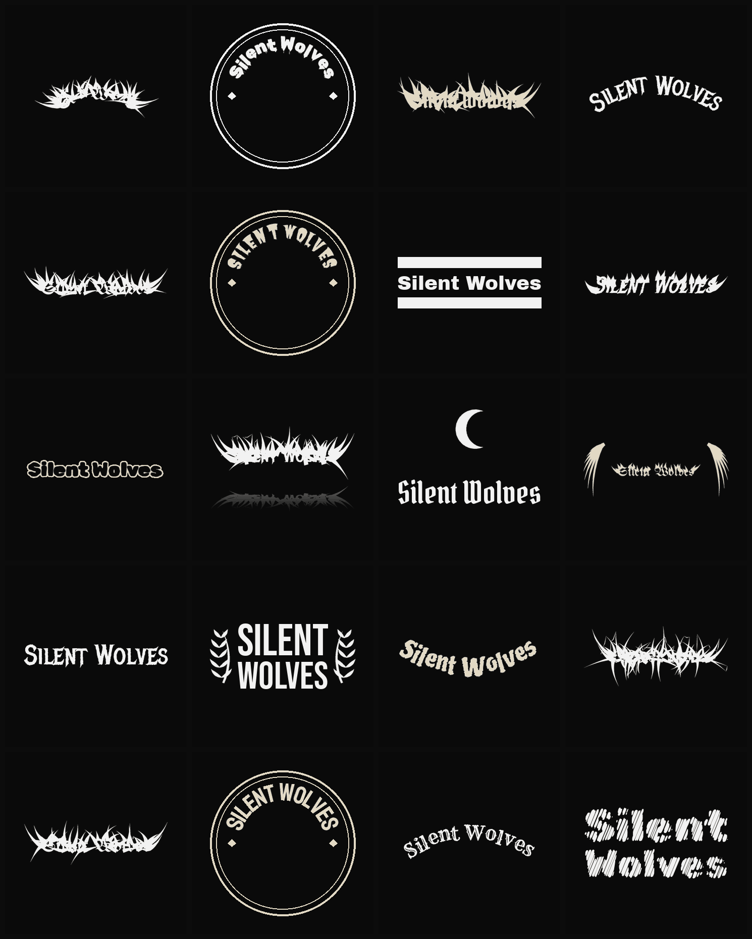 Twenty Silent Wolves band logo ideas — different faces, treatments and spike settings