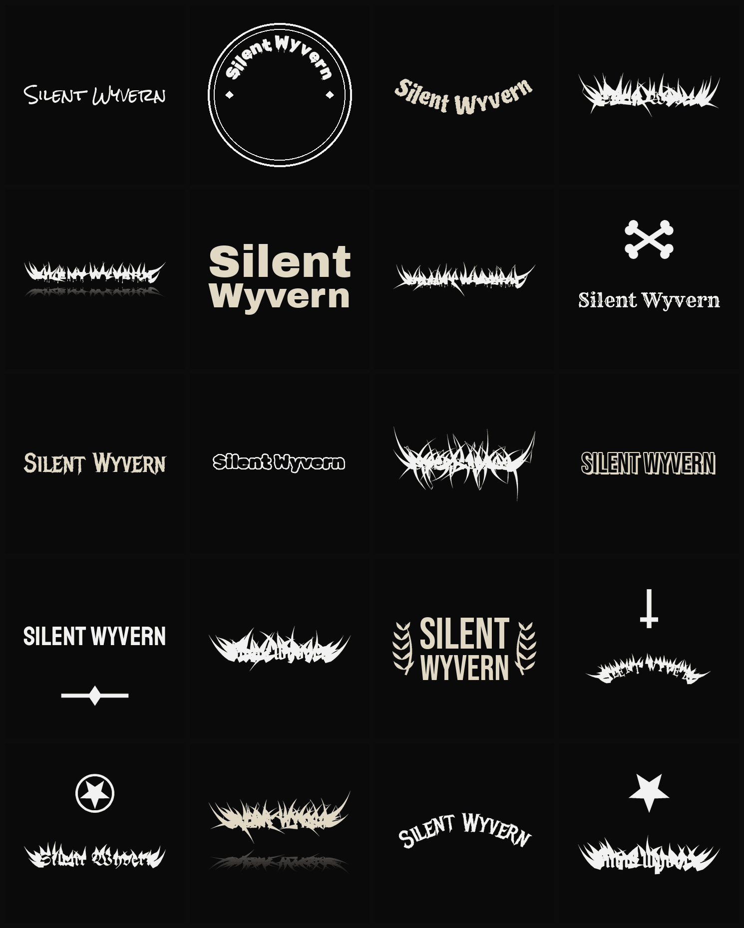 Twenty Silent Wyvern band logo ideas — different faces, treatments and spike settings