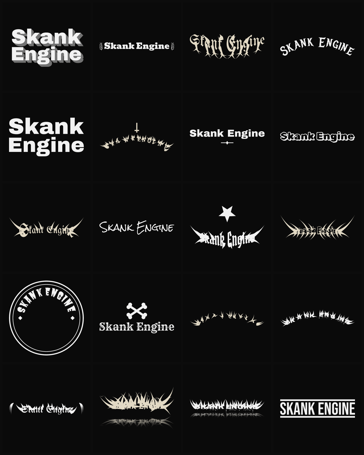 Twenty Skank Engine band logo ideas — different faces, treatments and spike settings