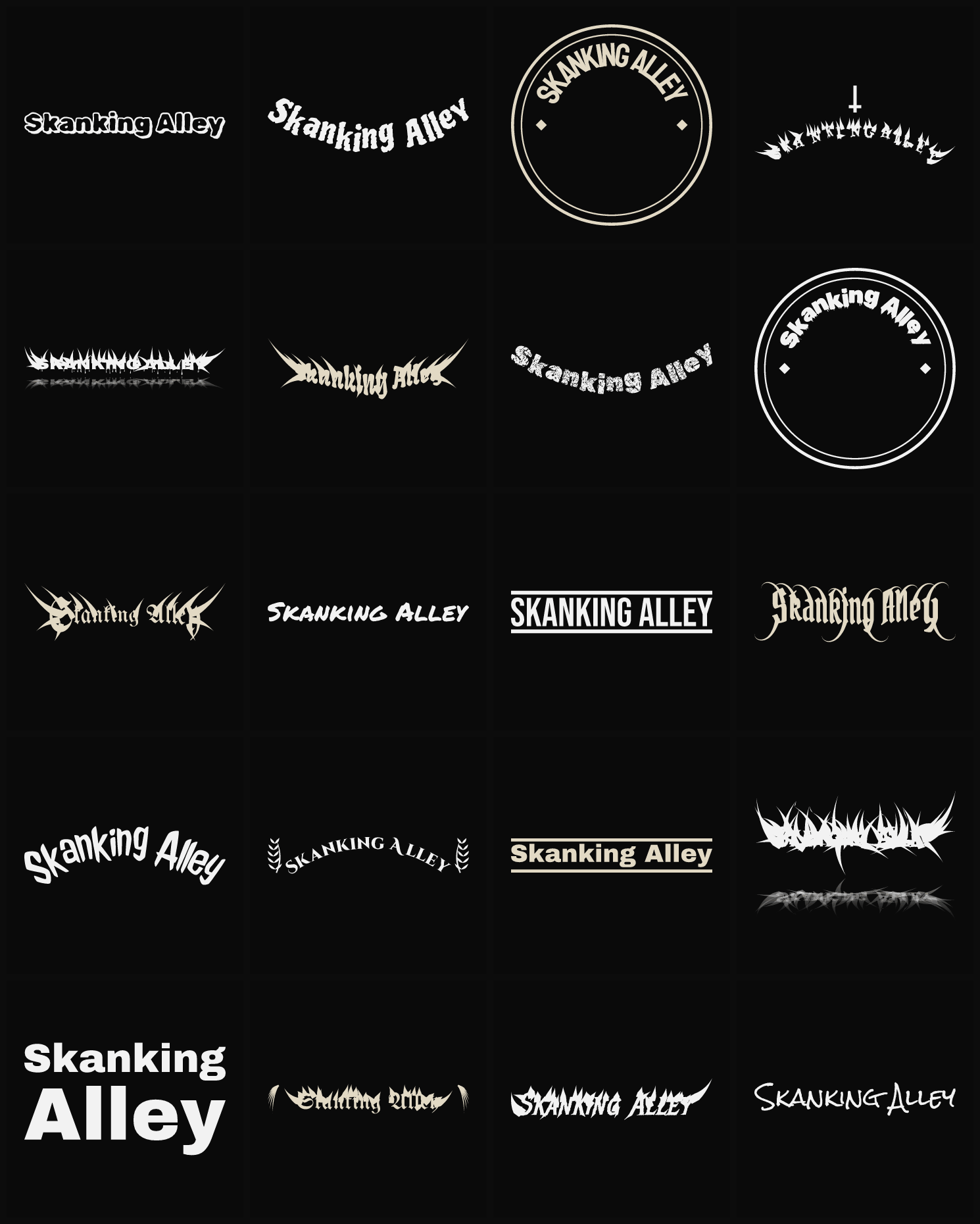 Twenty Skanking Alley band logo ideas — different faces, treatments and spike settings