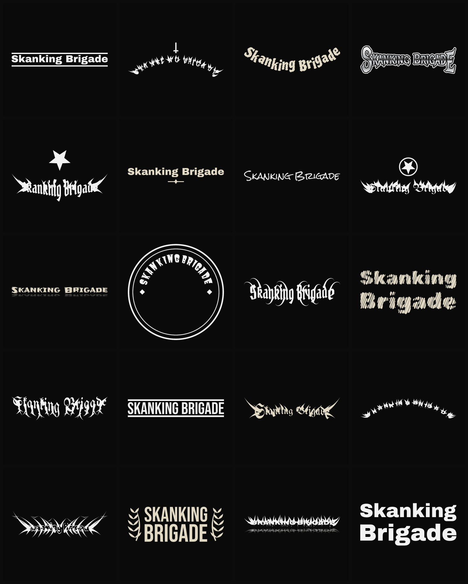 Twenty Skanking Brigade band logo ideas — different faces, treatments and spike settings