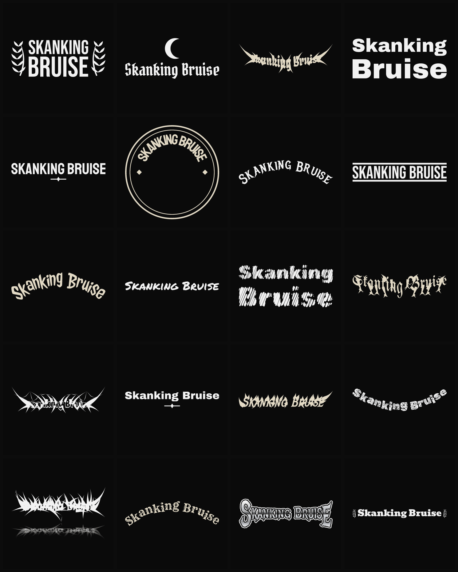 Twenty Skanking Bruise band logo ideas — different faces, treatments and spike settings