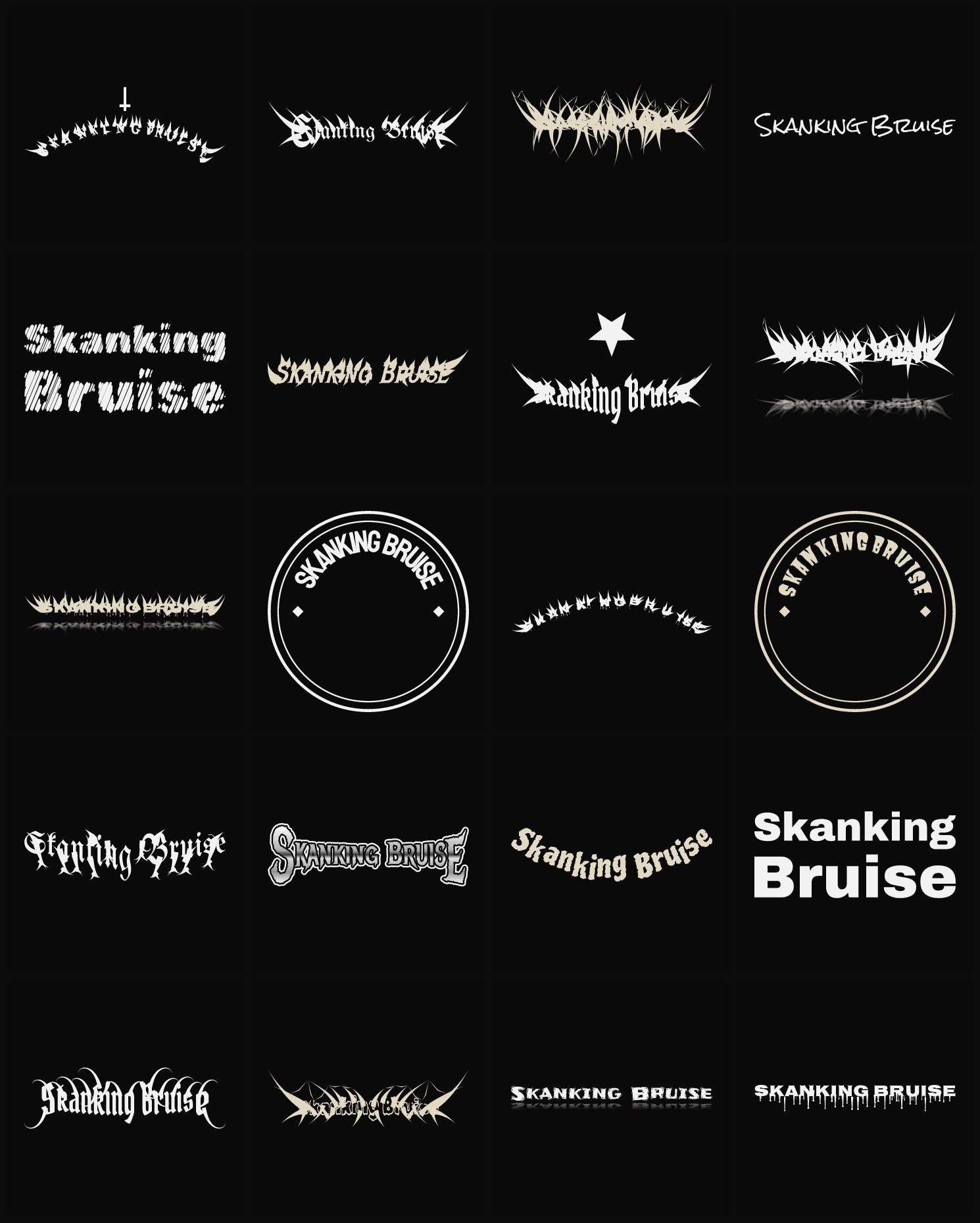 Twenty Skanking Bruise band logo ideas — different faces, treatments and spike settings