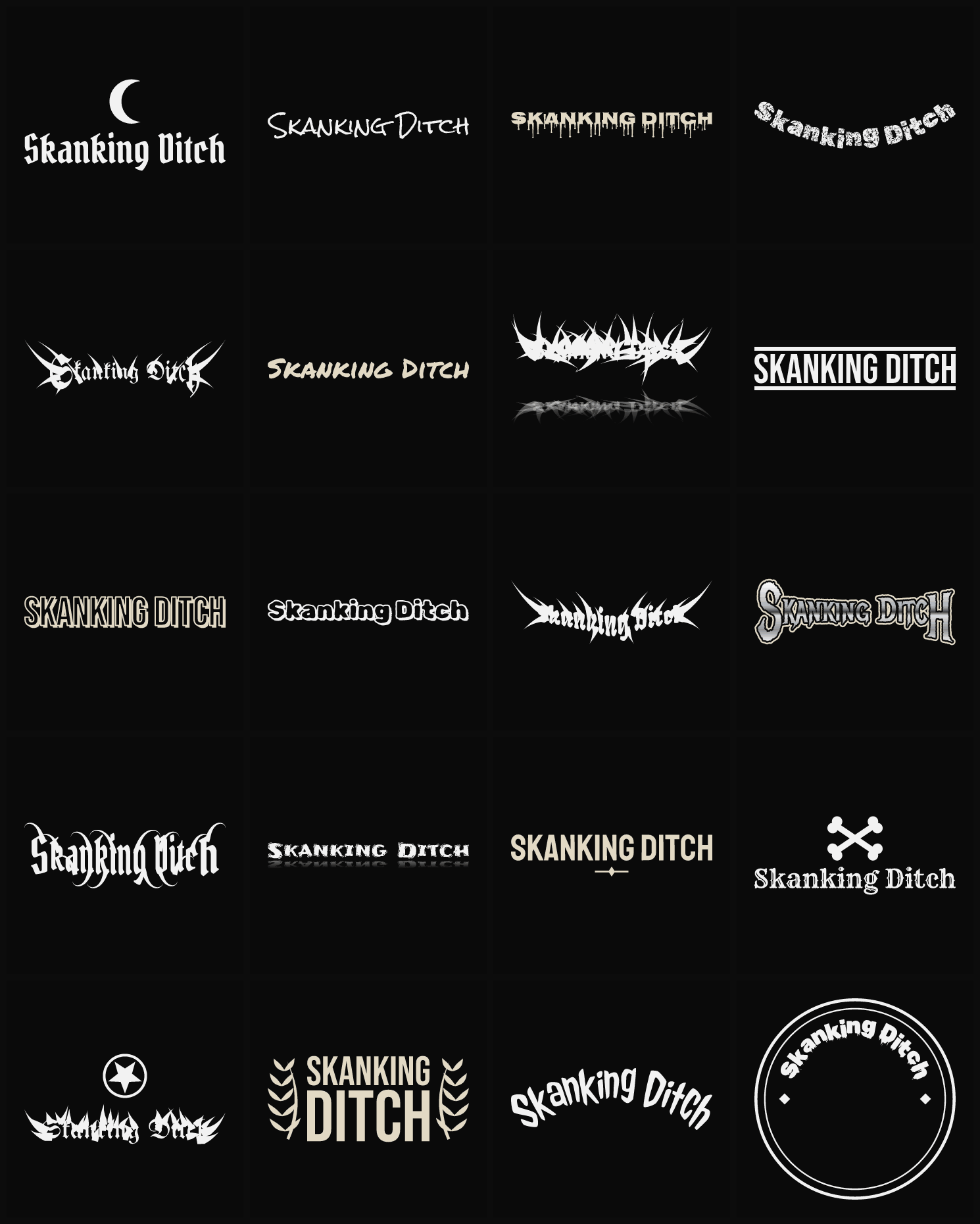 Twenty Skanking Ditch band logo ideas — different faces, treatments and spike settings