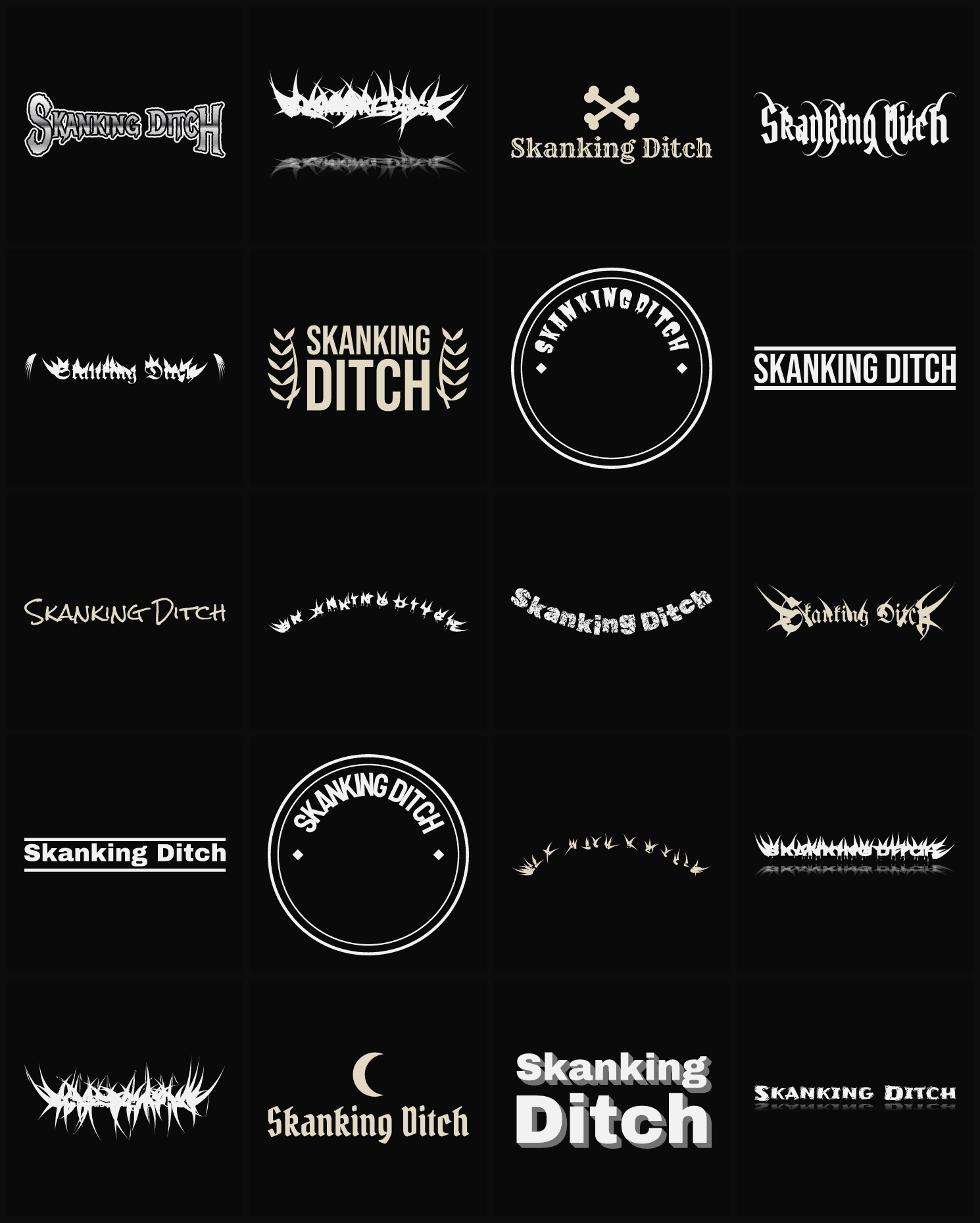 Twenty Skanking Ditch band logo ideas — different faces, treatments and spike settings