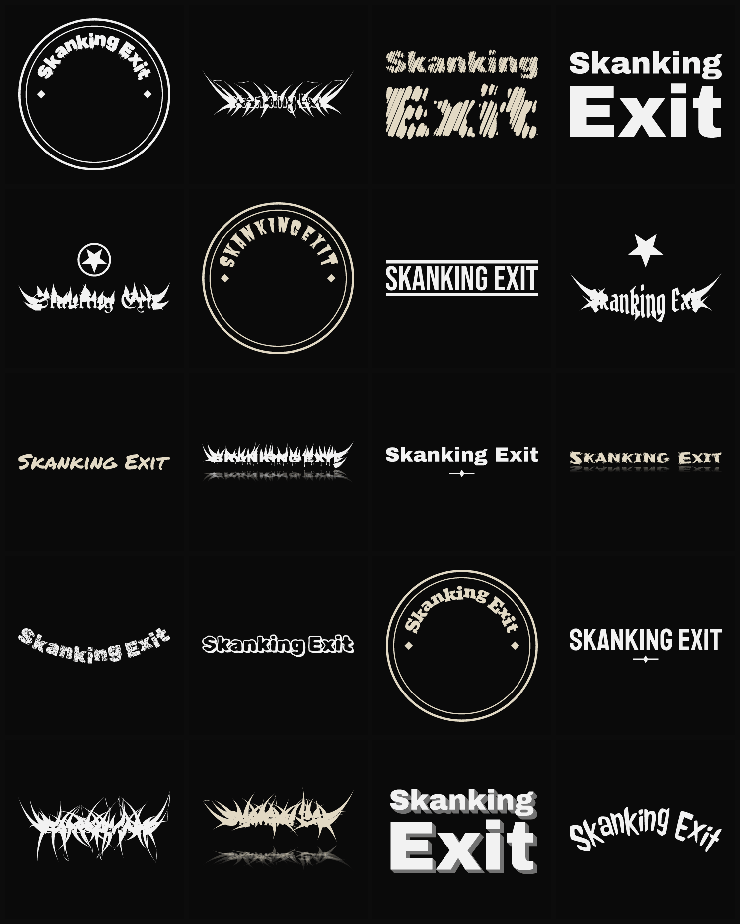 Twenty Skanking Exit band logo ideas — different faces, treatments and spike settings