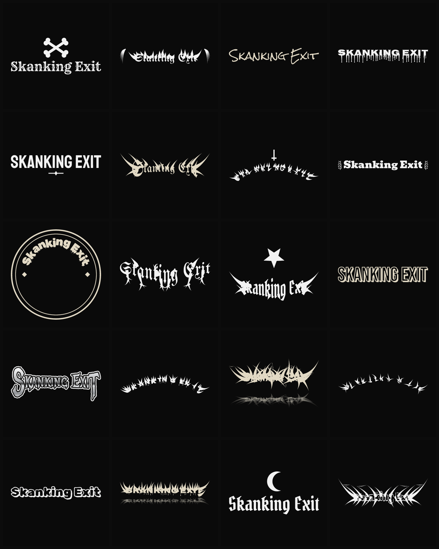 Twenty Skanking Exit band logo ideas — different faces, treatments and spike settings
