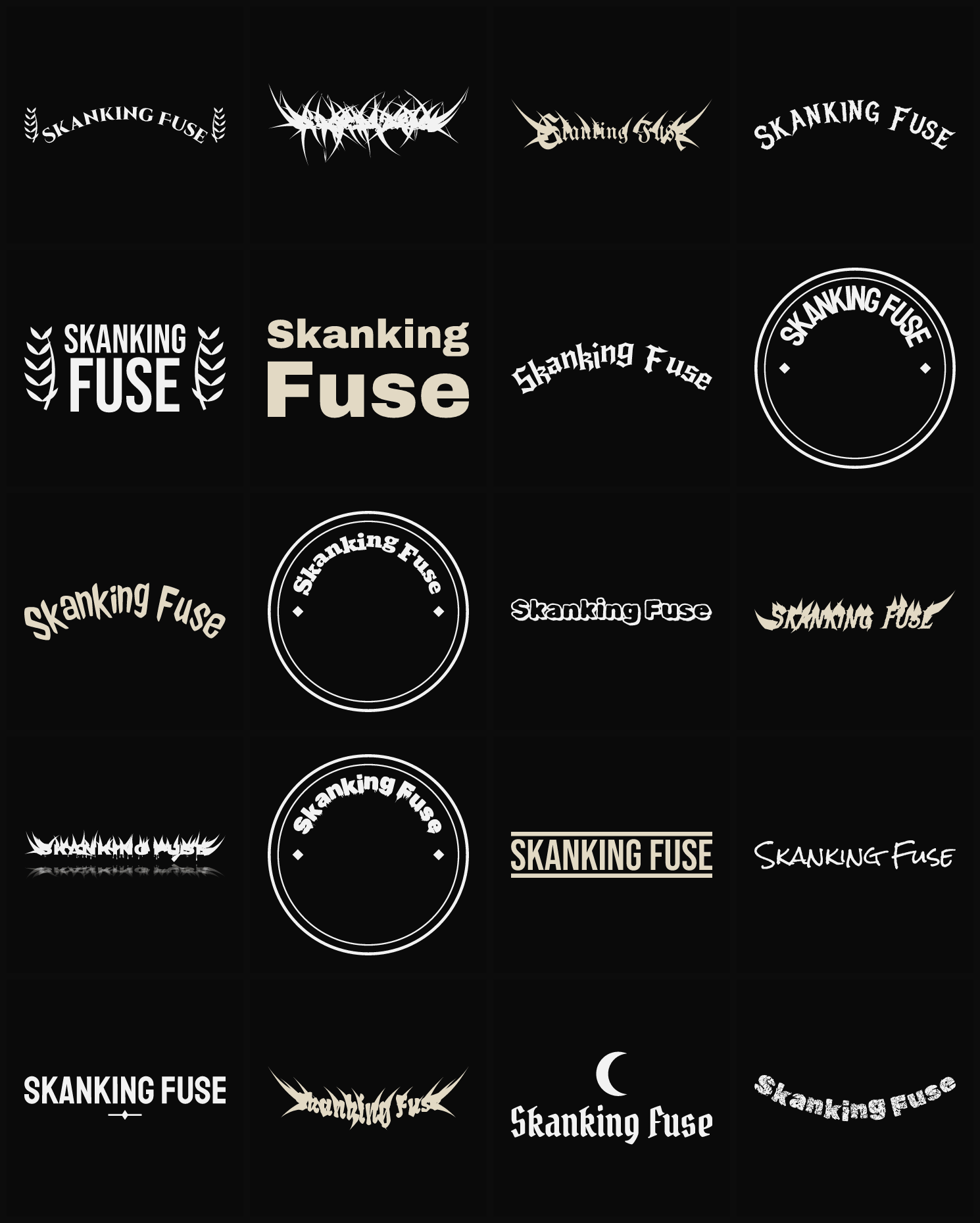 Twenty Skanking Fuse band logo ideas — different faces, treatments and spike settings