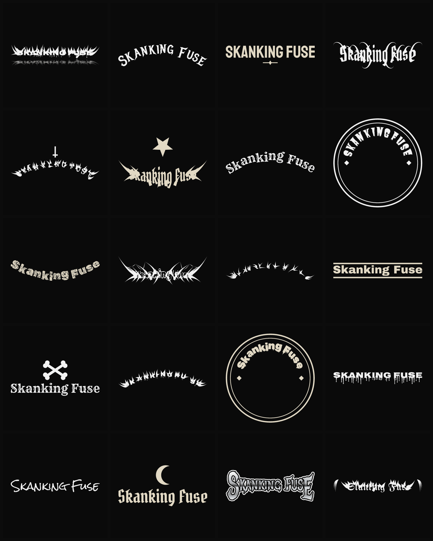 Twenty Skanking Fuse band logo ideas — different faces, treatments and spike settings