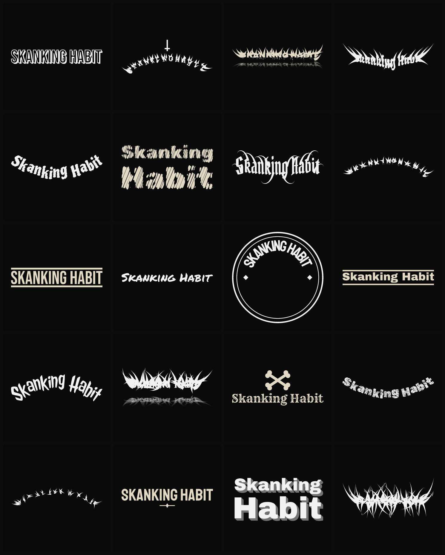 Twenty Skanking Habit band logo ideas — different faces, treatments and spike settings