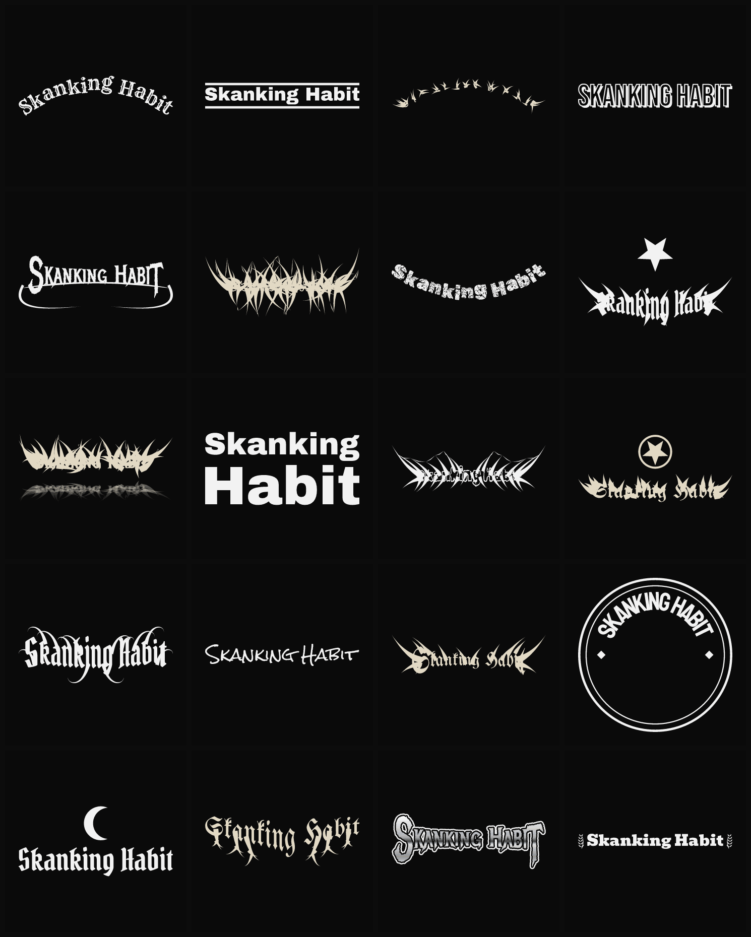 Twenty Skanking Habit band logo ideas — different faces, treatments and spike settings