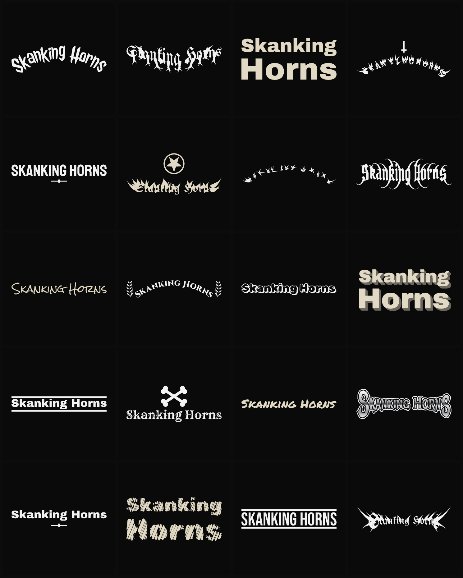 Twenty Skanking Horns band logo ideas — different faces, treatments and spike settings