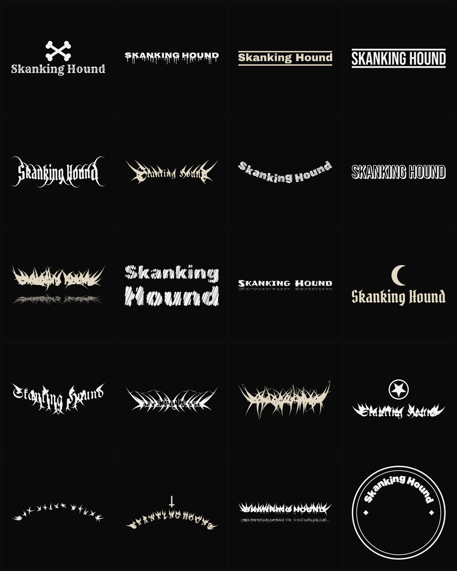 Twenty Skanking Hound band logo ideas — different faces, treatments and spike settings