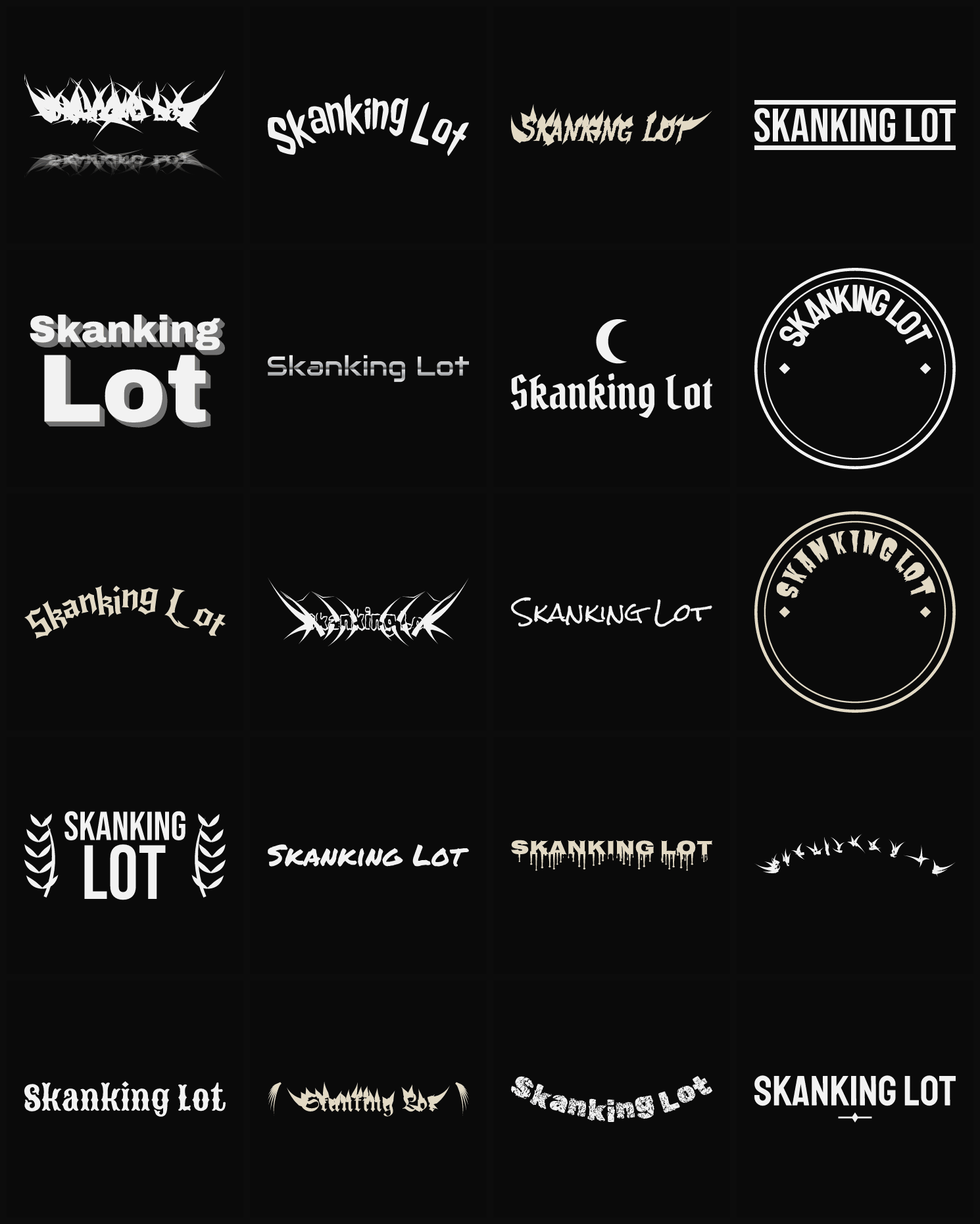 Twenty Skanking Lot band logo ideas — different faces, treatments and spike settings