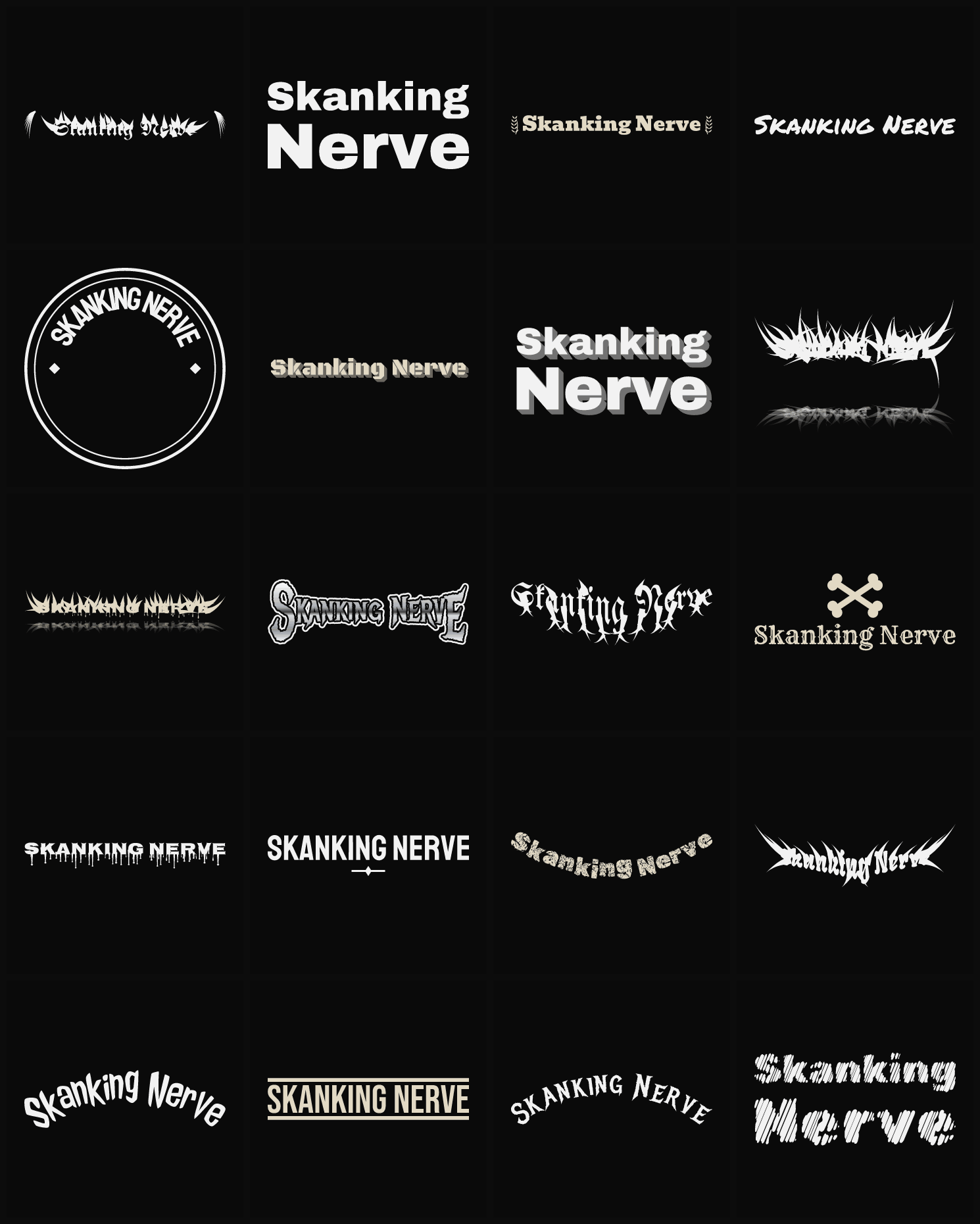 Twenty Skanking Nerve band logo ideas — different faces, treatments and spike settings