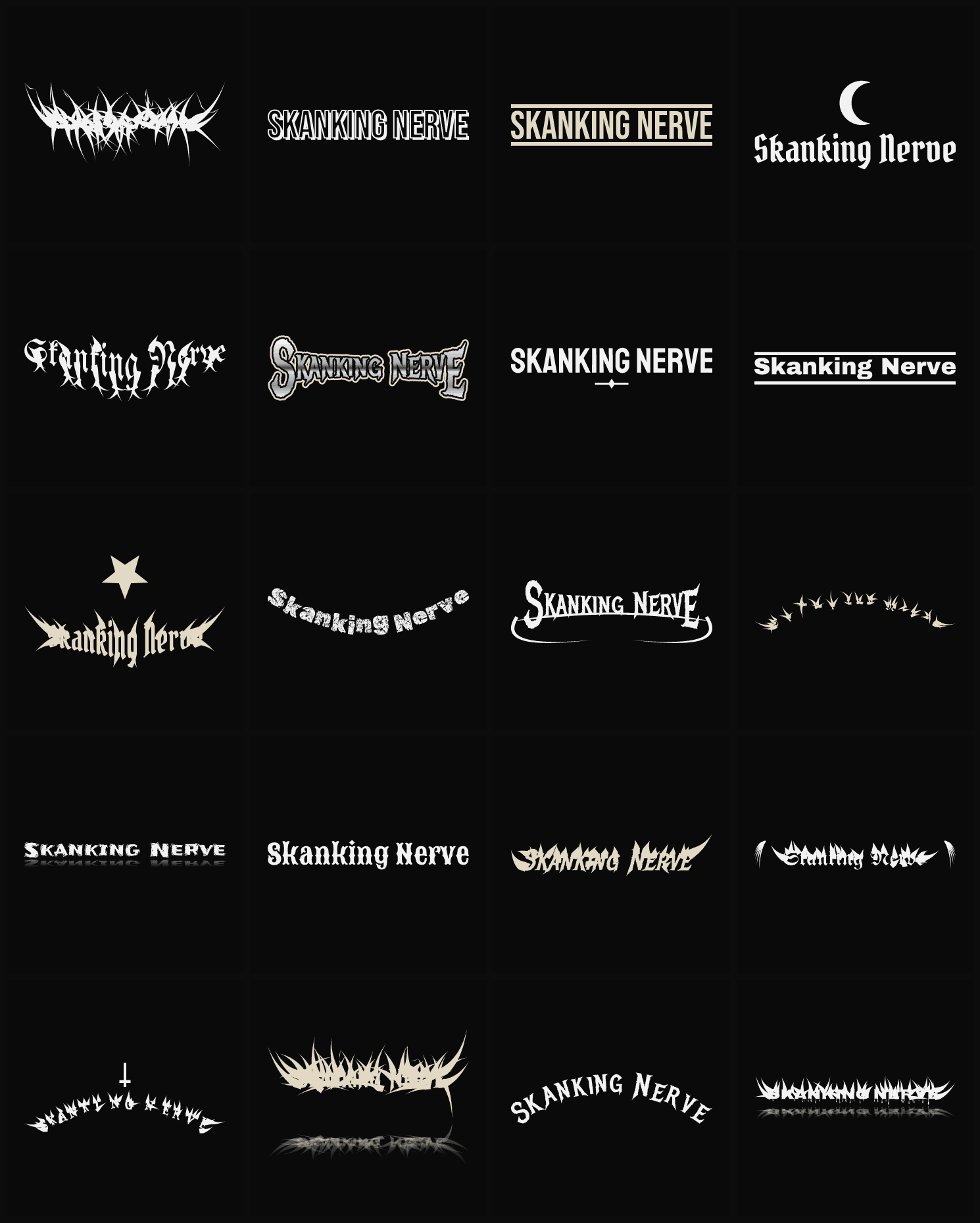 Twenty Skanking Nerve band logo ideas — different faces, treatments and spike settings