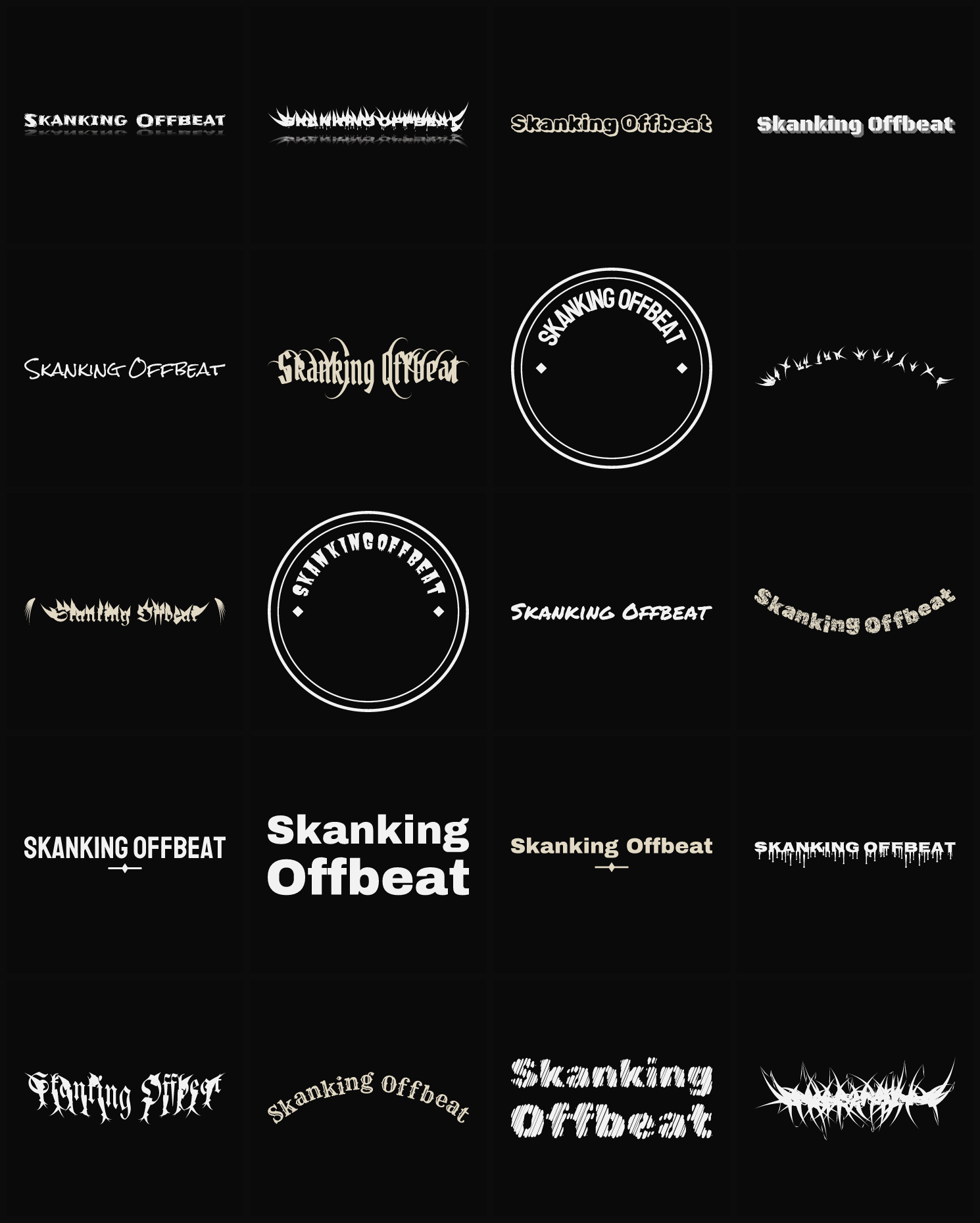 Twenty Skanking Offbeat band logo ideas — different faces, treatments and spike settings