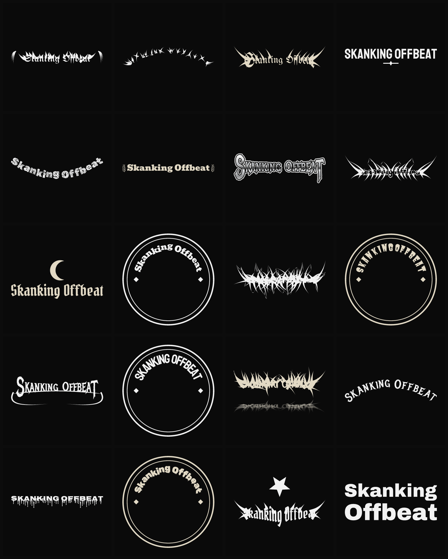 Twenty Skanking Offbeat band logo ideas — different faces, treatments and spike settings