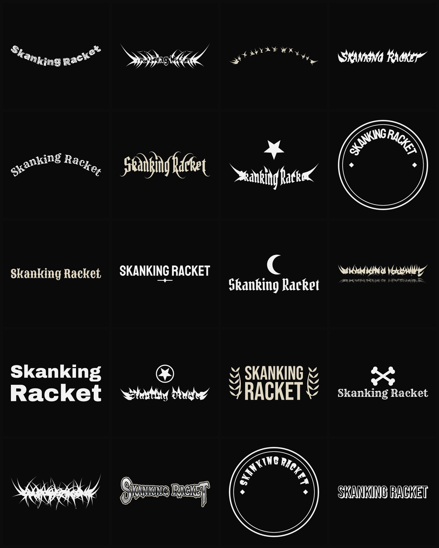 Twenty Skanking Racket band logo ideas — different faces, treatments and spike settings