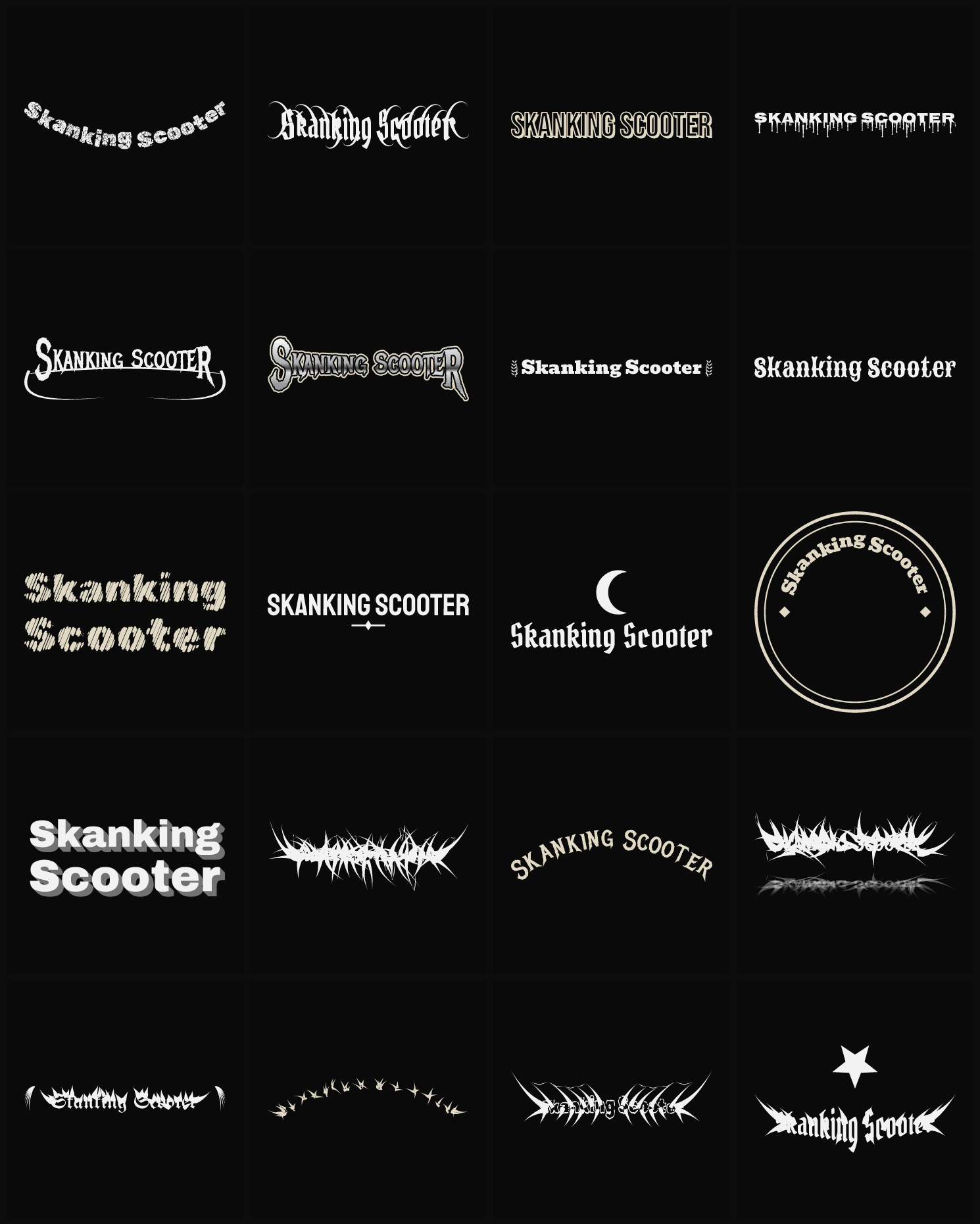Twenty Skanking Scooter band logo ideas — different faces, treatments and spike settings