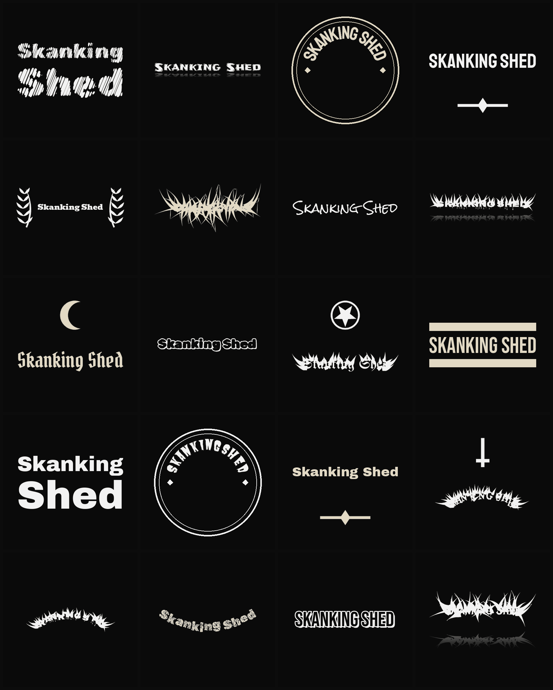 Twenty Skanking Shed band logo ideas — different faces, treatments and spike settings