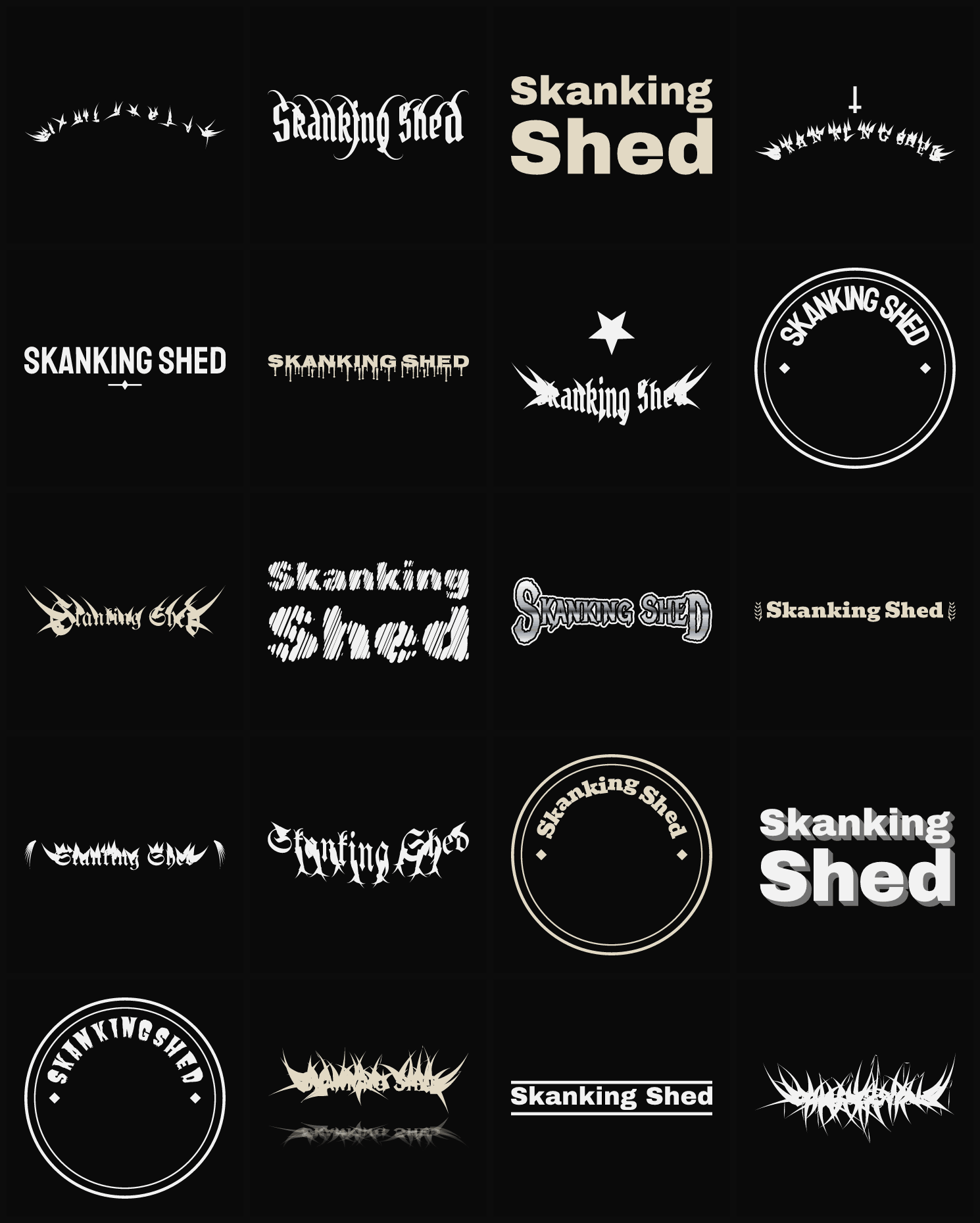 Twenty Skanking Shed band logo ideas — different faces, treatments and spike settings
