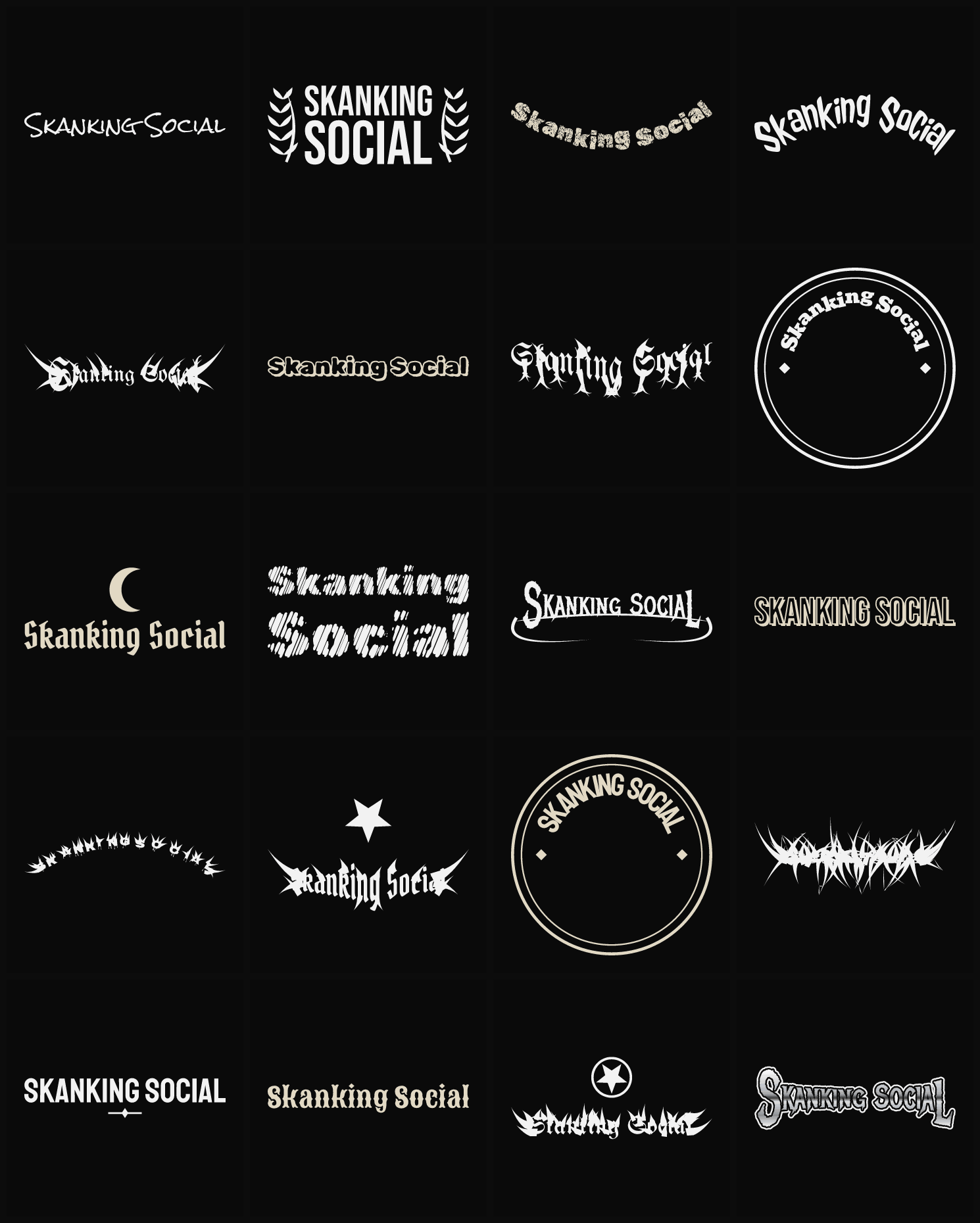 Twenty Skanking Social band logo ideas — different faces, treatments and spike settings