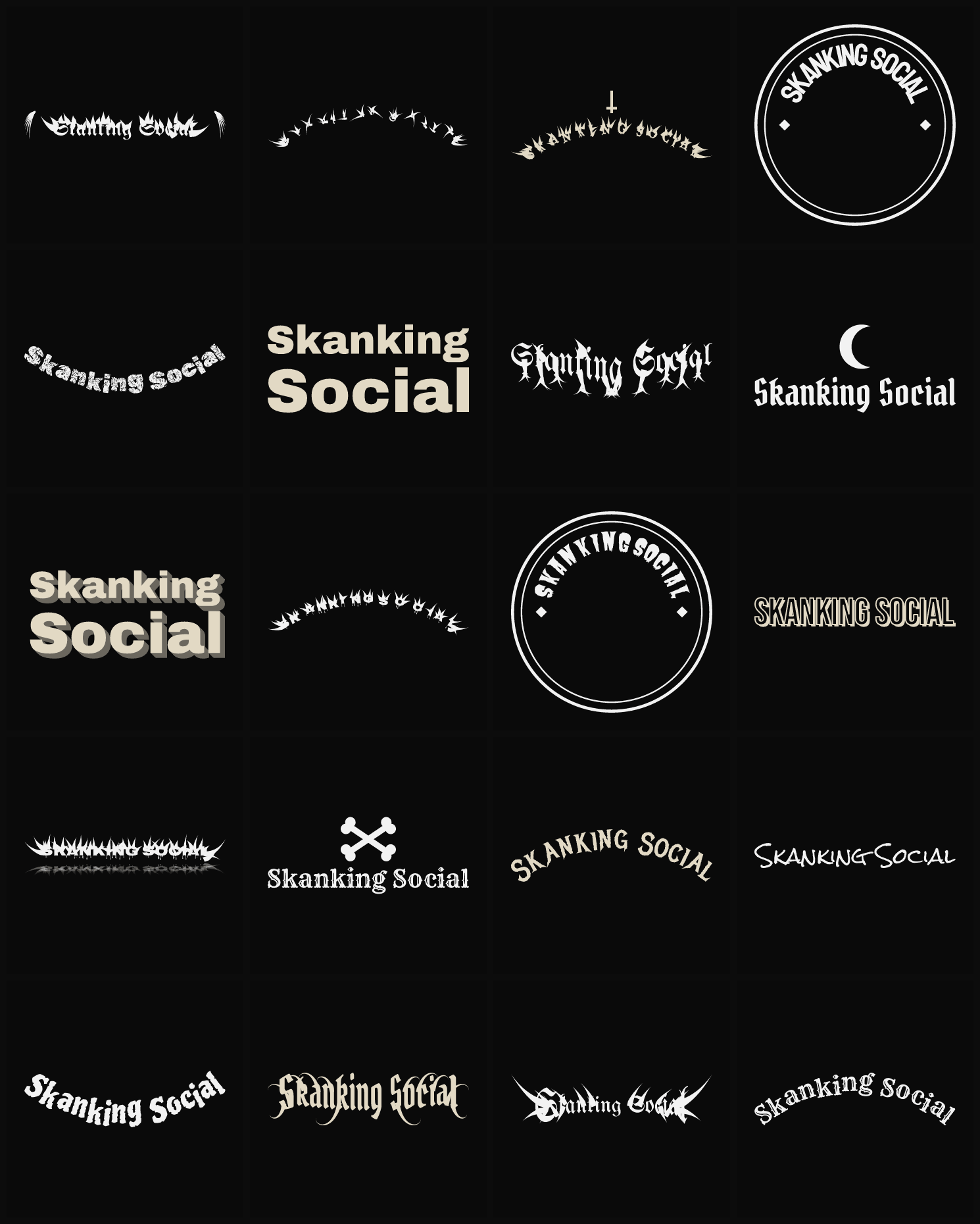 Twenty Skanking Social band logo ideas — different faces, treatments and spike settings