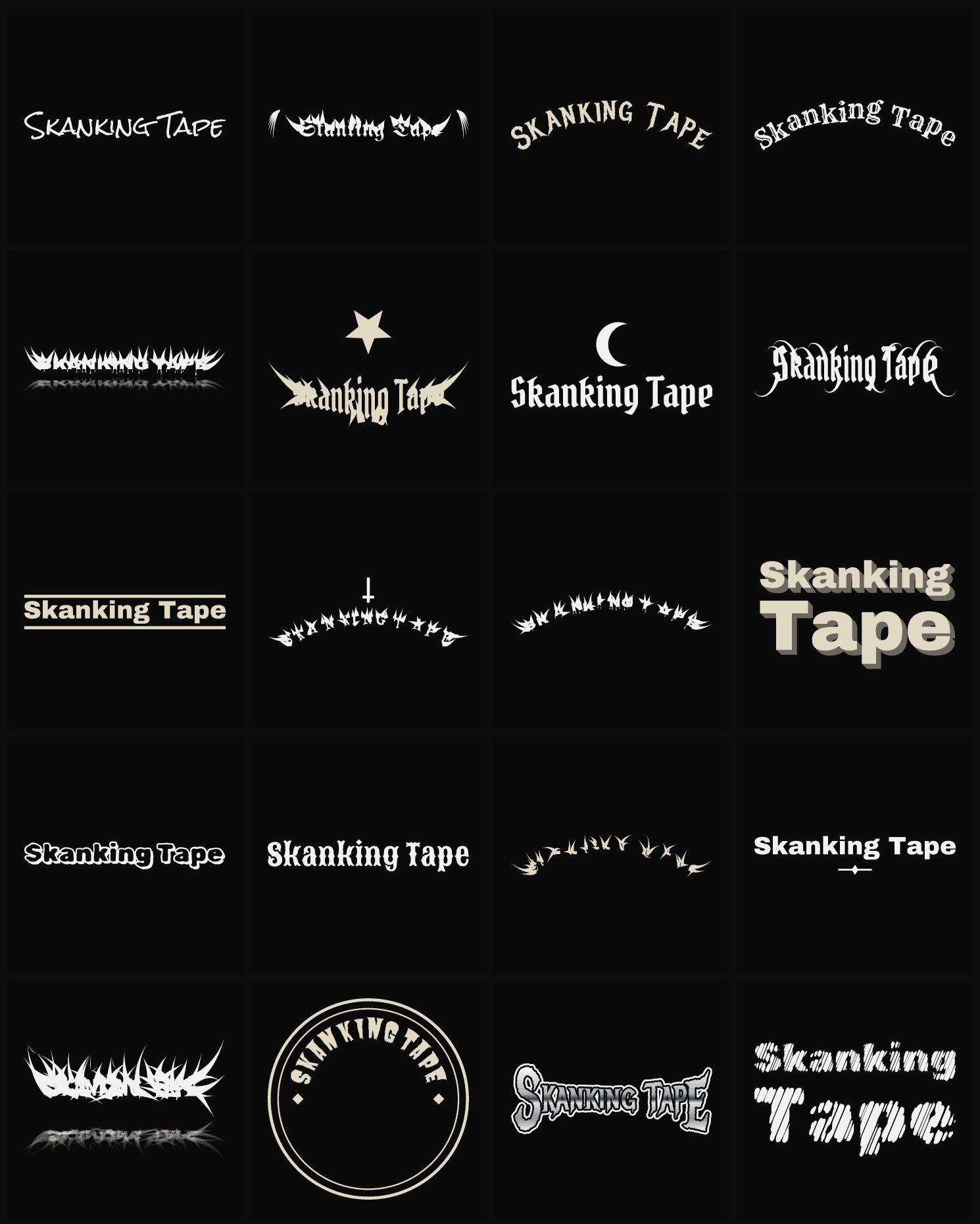 Twenty Skanking Tape band logo ideas — different faces, treatments and spike settings