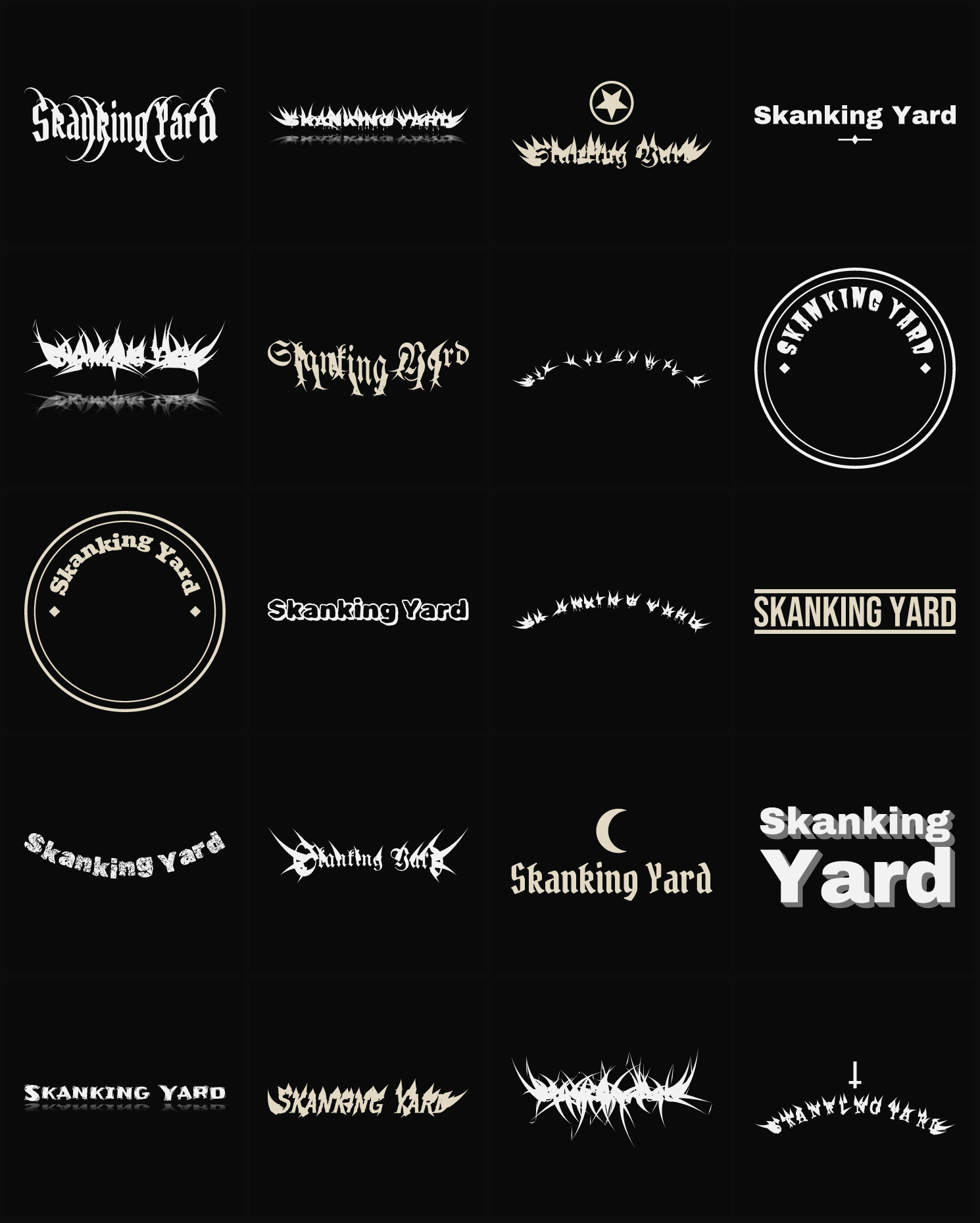 Twenty Skanking Yard band logo ideas — different faces, treatments and spike settings