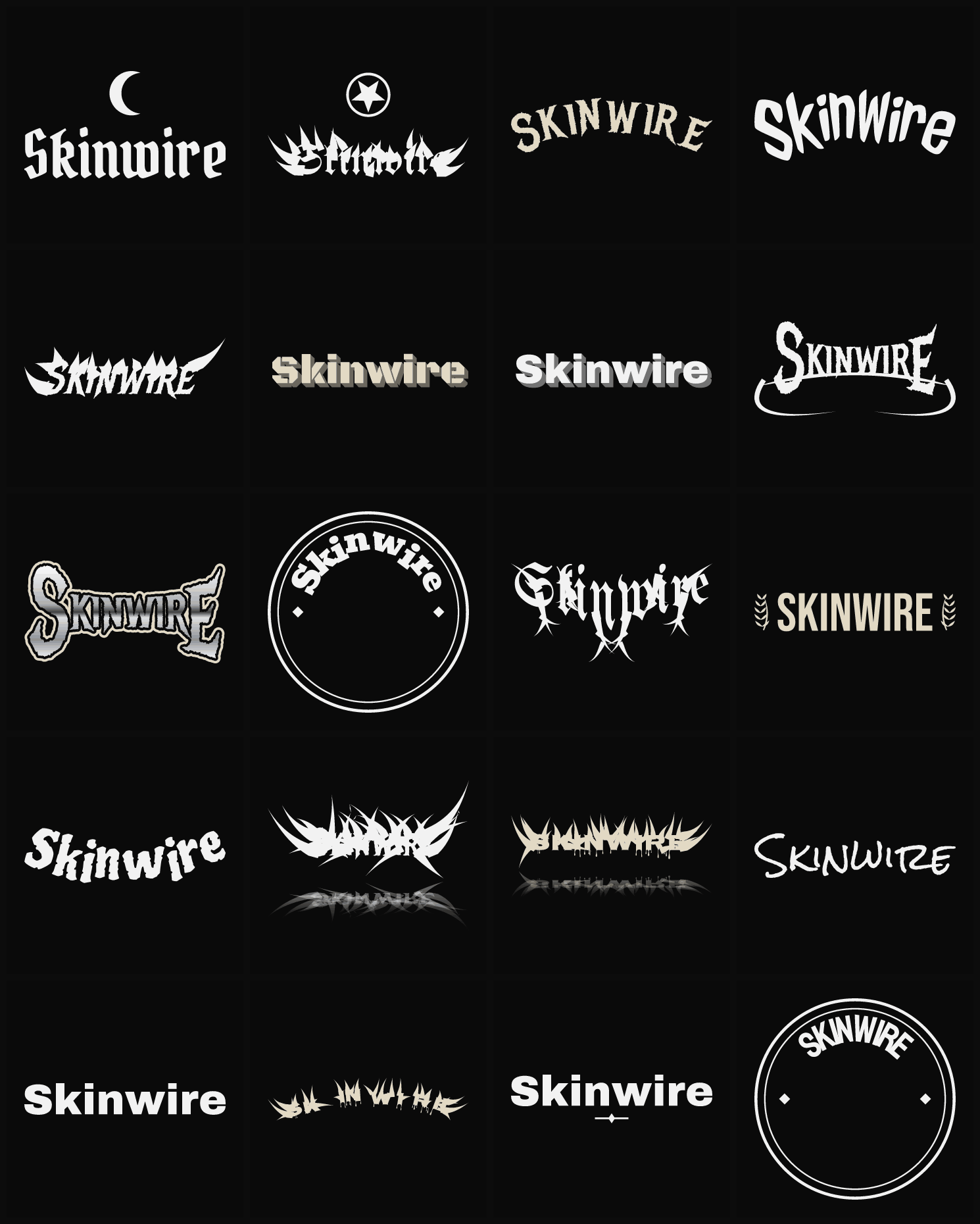 Twenty Skinwire band logo ideas — different faces, treatments and spike settings