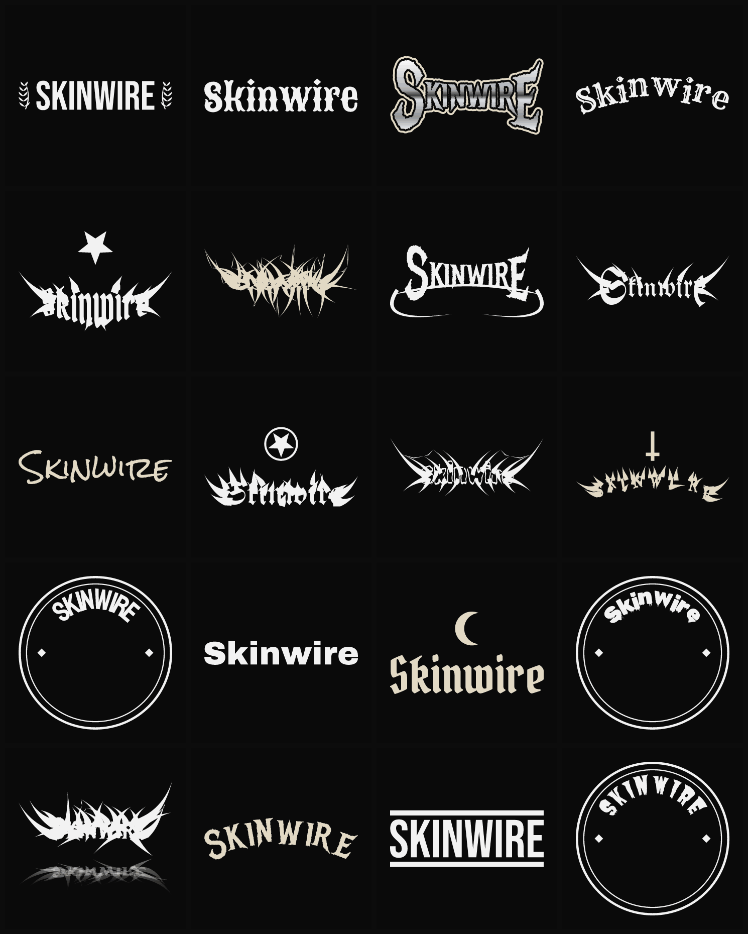 Twenty Skinwire band logo ideas — different faces, treatments and spike settings